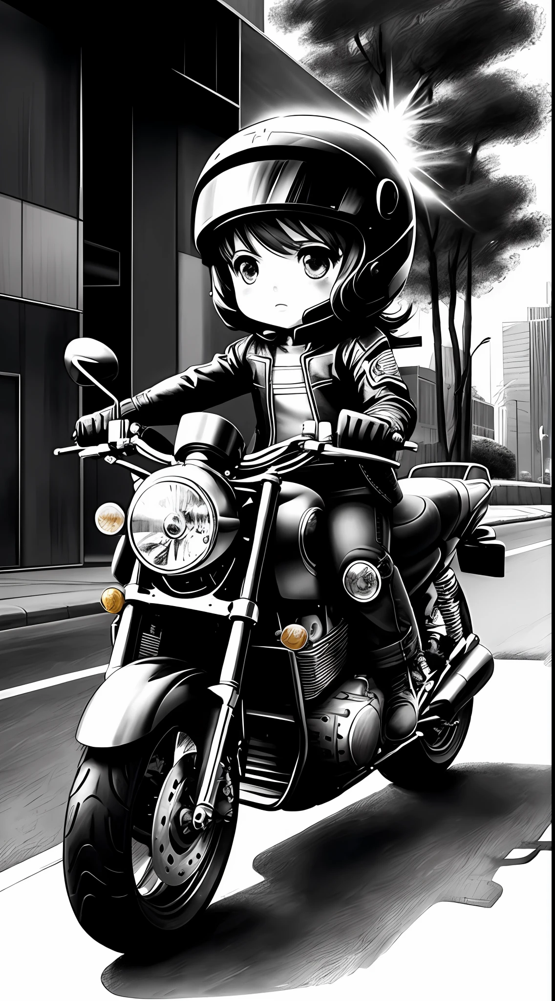1 cute girl 5 year old drive motorcycle, character, Chibi style, real, art, color full, explosion, beautiful, realistic, masterpieces, top quality, best quality, official art, beautiful and aesthetic, charocal: 1.5, sketch: 1.5, illustration painting, manga, pencil drawing, grayscale, durer-style: 0.5, street, speed, cybercity, wide-angle lens