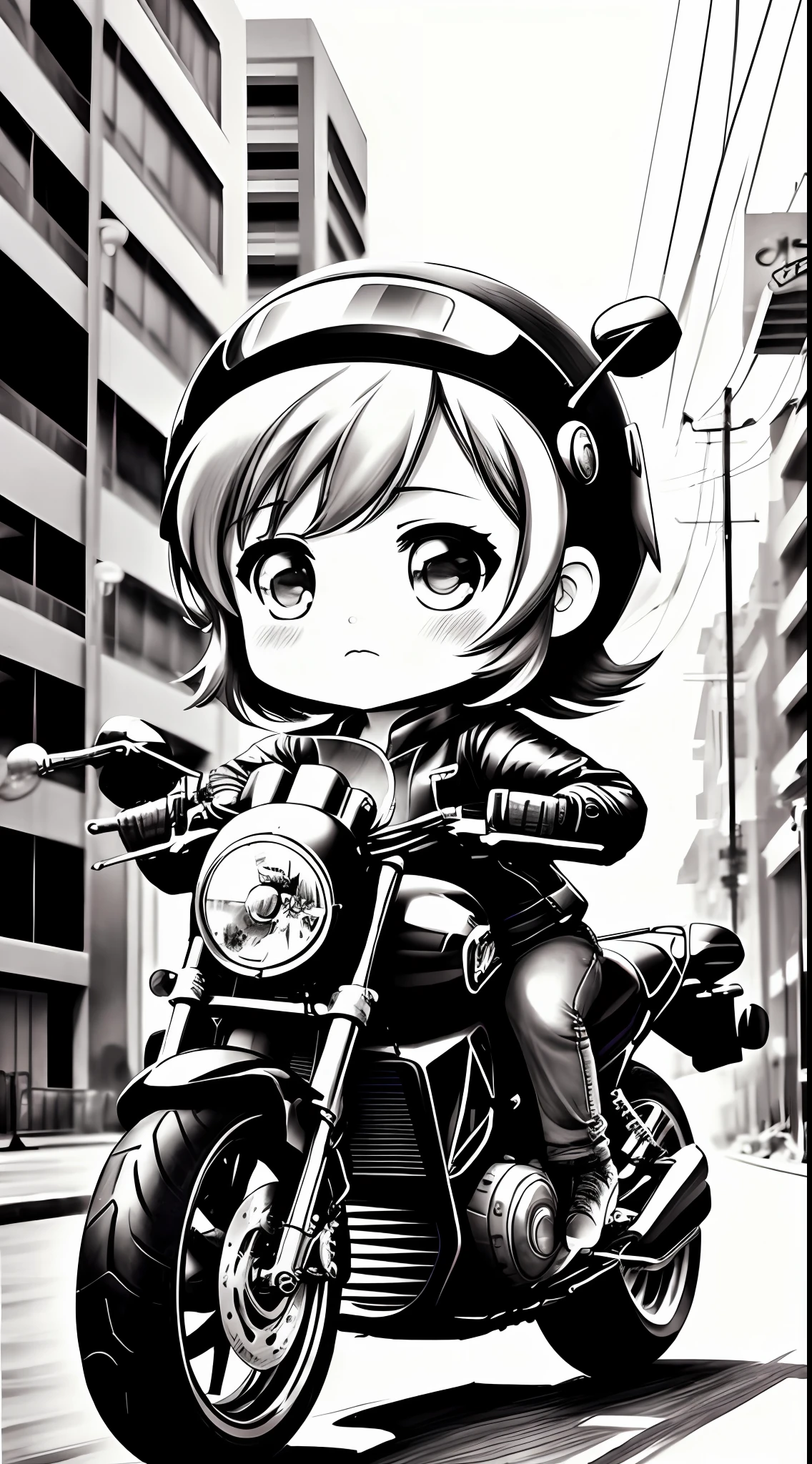 1 cute girl 5 year old drive motorcycle, character, Chibi style, real, art, color full, explosion, beautiful, realistic, masterpieces, top quality, best quality, official art, beautiful and aesthetic, charocal: 1.5, sketch: 1.5, illustration painting, manga, pencil drawing, grayscale, durer-style: 0.5, street, speed, cybercity, wide-angle lens