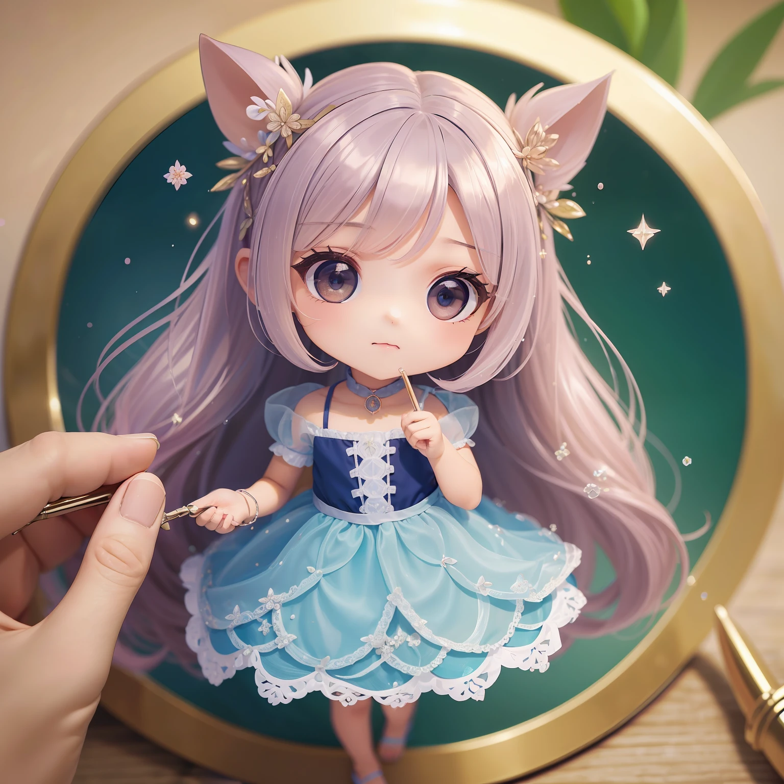 (melhor qualidade, obra-prima), 1girl pequena chibi, jardim, purpurina, vestido, Particle, vento, flor, parte superior do corpo, fundo escuro simples, olhando para o espectador, chibi, chibi, chibi loira, --auto --s2