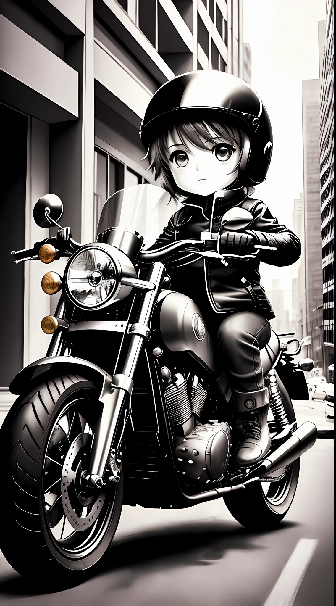 1 cute girl 5 year old drive motorcycle, character, Chibi style, real, art, color full, explosion, beautiful, realistic, masterpieces, top quality, best quality, official art, beautiful and aesthetic, charocal: 1.5, sketch: 1.5, illustration painting, manga, pencil drawing, grayscale, durer-style: 0.5, street, speed, cybercity, wide-angle lens
