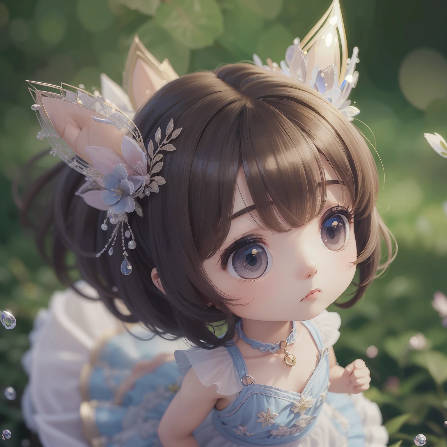 (melhor qualidade, obra-prima), 1girl pequena chibi, jardim, purpurina, vestido, Particle, vento, flor, parte superior do corpo, fundo escuro simples, olhando para o espectador, chibi, chibi, chibi loira, --auto --s2