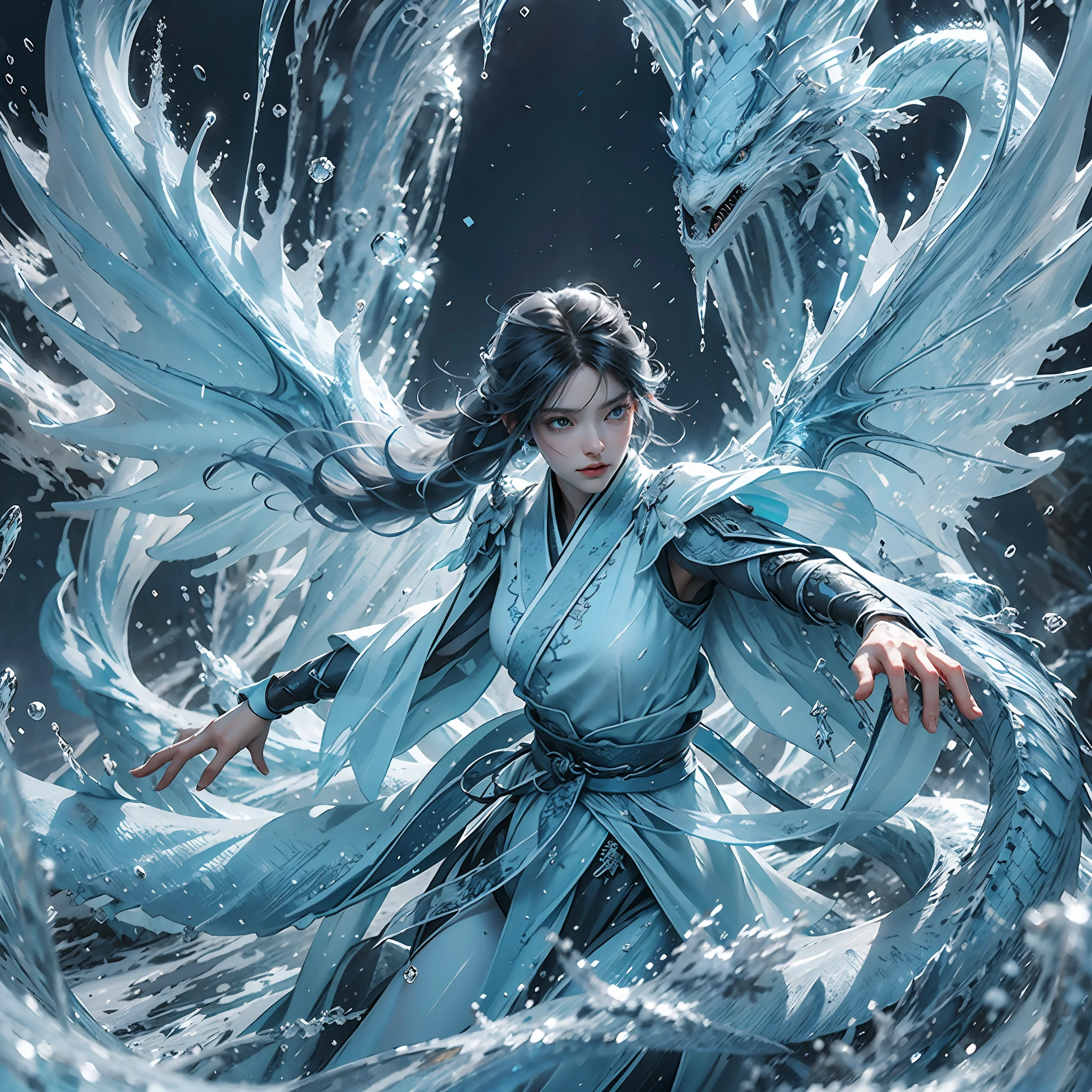 1girll,Imperial water,A magician,(Loose dress:1.5),(Perfect facial features:1.4),(Blue silk robe),(Mysterious magic formations:1.2),((ice Dragon)),(Ice crystal scales),Blue glow,(Frost wings),Powerful ice magic,Icicles,Towering over the landscape,Blue light cold light,Ice storms,Wind,Flying snow and ice and snow,Amazing results,,best qualityer,tmasterpiece,超高分辨率,finely detailled,Complicated details,8K分辨率,8KUCG wallpaper,hdr,water blue,Magic Array,Cinematic lighting effects,lightand shade contrast,Ray traching、NVIDIA RTX