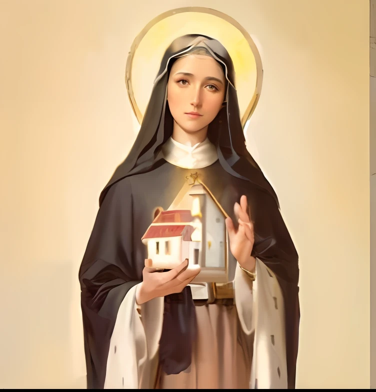 a painting of a woman holding a small house in her hands, majestosa mulher de santo, padroeiro do 🛸🌈👩🏾, santa mulher, santo, santas mulheres, mary in a sanctuary, artist's interpretation, Holy, Retrato gracioso santo, agora, santo, christian saint, artistic rendering, Santo ortodoxo, obra-prima', Virgem Maria, Catholic, inspirado em Mary Cameron