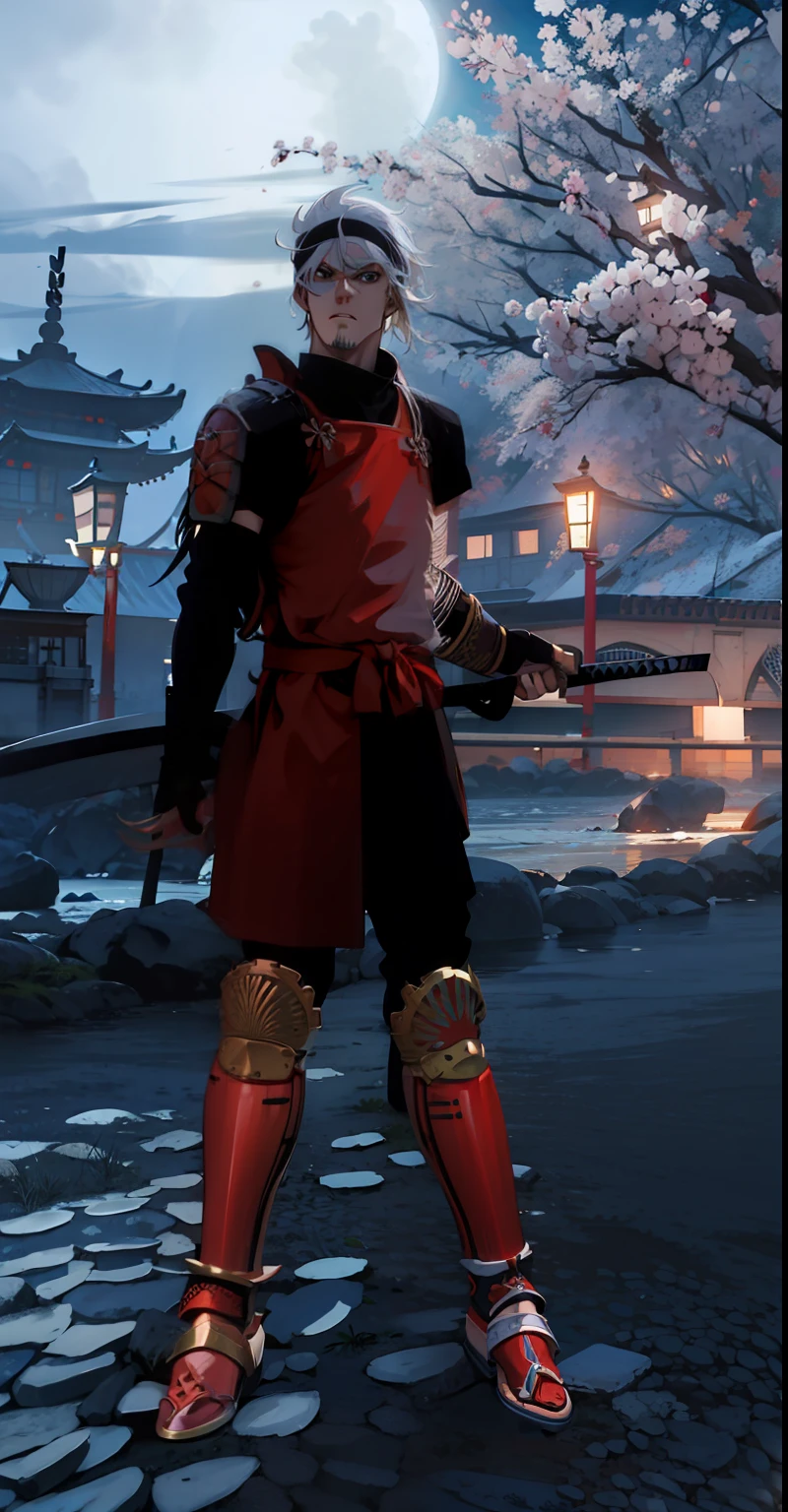 Homen Samurai com cabelo branco com armadura de chogun vermelha 8k