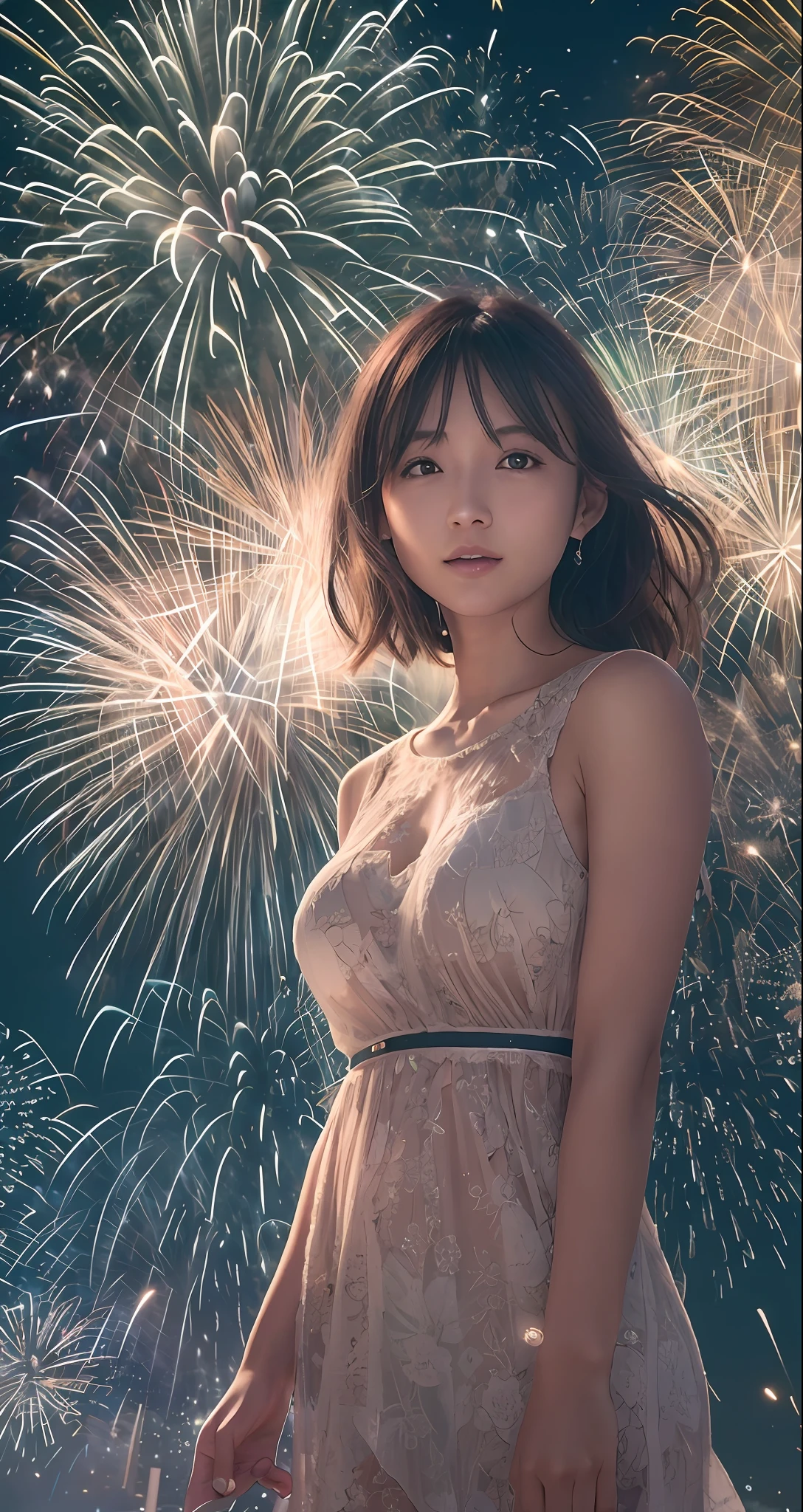 masutepiece, Best Quality, Raw photo、Ultra-realistic hair quality、Movie stills, 1girl in, front, Low-cut Sheer Dress, Big Tits, close-up, Bright, Happy, Warm soft light, (Fireworks: 0.3),japanes、20yr old