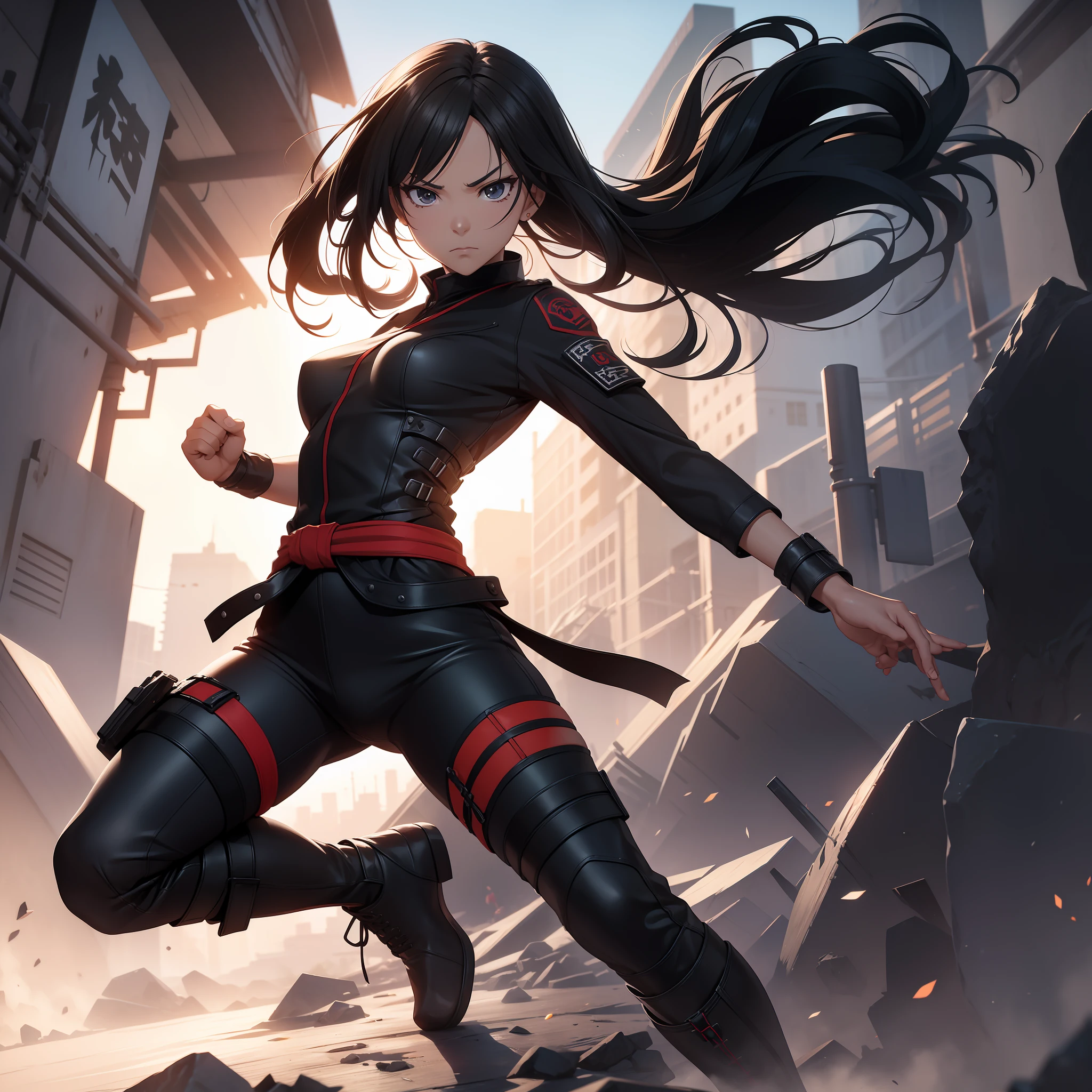 (masutepiece: 1.5), (Best Quality: 1.5), 1womanl, Martial arts user, Black beautiful hair, black eyes, Dressed in combat uniform, Wearing boots with a blade on the heel, Battle Pose, Determined expression, Fine details, 3d, in 8K, Akira Torii, Game Character, Full body image from head to toe, Simple background, 3d, in 8K, A detailed face, Detailed hand, Detailed feet