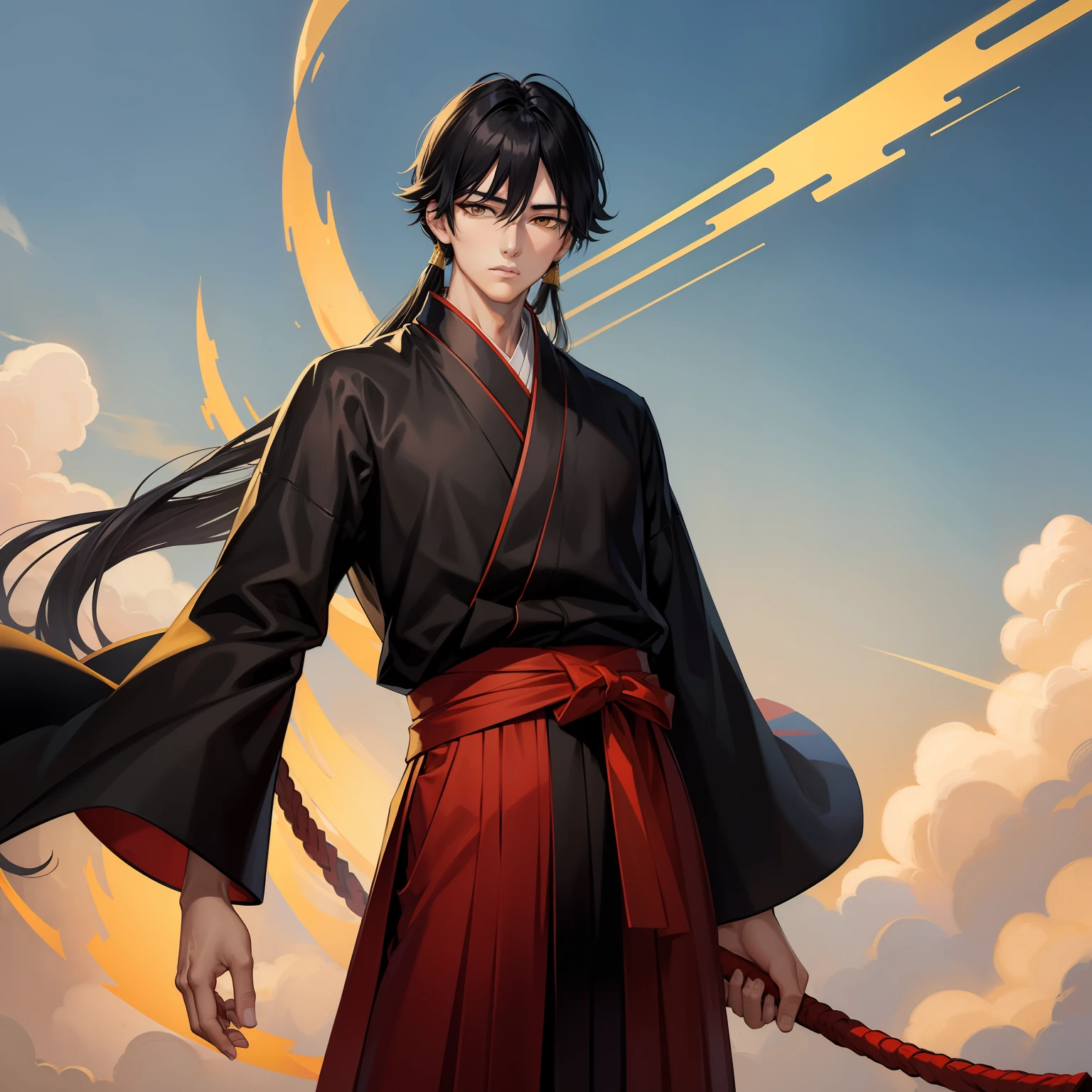 (masterpiece)8K分辨率、top-quality、He is tall at about 20 years old、Toned body、Delicate full-length images、Long jet-black hair、Golden eyes are attractive、Hakama style for long clothes、