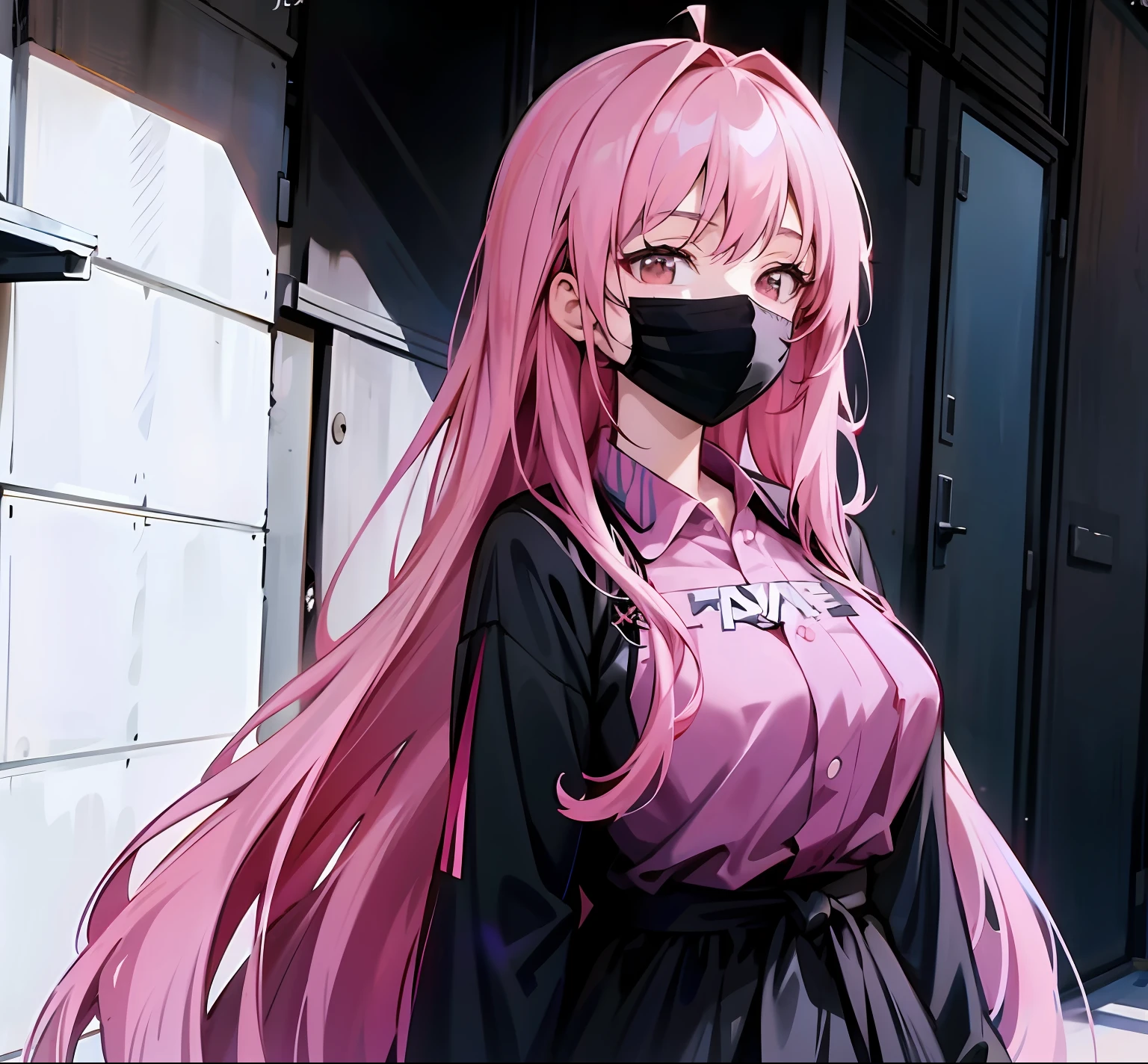 Anime girl with pink hair and black mask standing in front of the building, Anime girl with long hair, Anime style. 8K, anime moe art style, girls frontline style, mirai nikki, Style anime, realistic anime artstyle, High Quality Anime Art Style, from girls frontline, anime art style, style of anime4 K, in an anime style, anime style character
