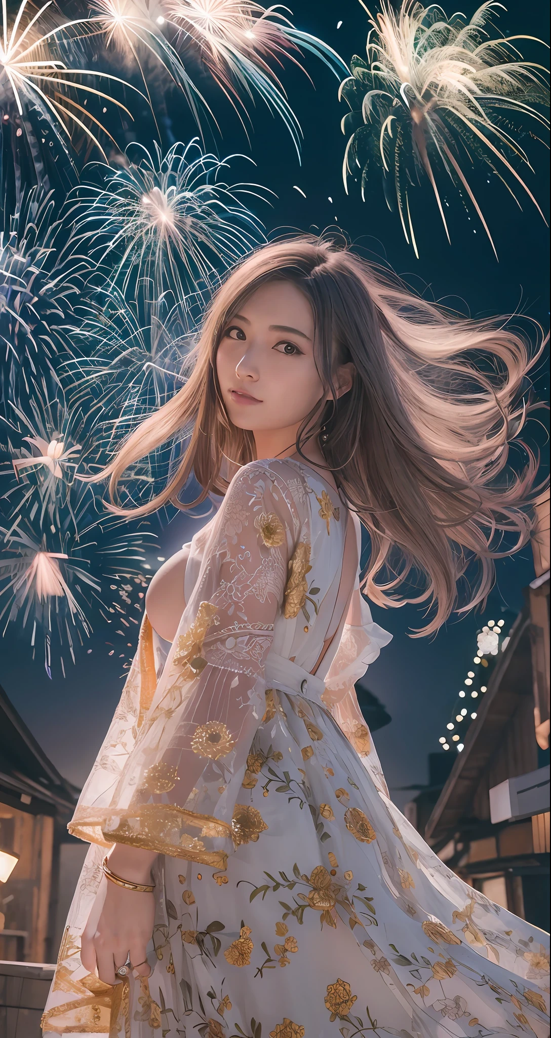 masutepiece, Best Quality, Raw photo、Ultra-realistic hair quality、Movie stills, 1girl in, front, Low-cut Sheer Dress, Big Tits, close-up, Bright, Happy, Warm soft light, (Fireworks: 0.3),japanes、20yr old
