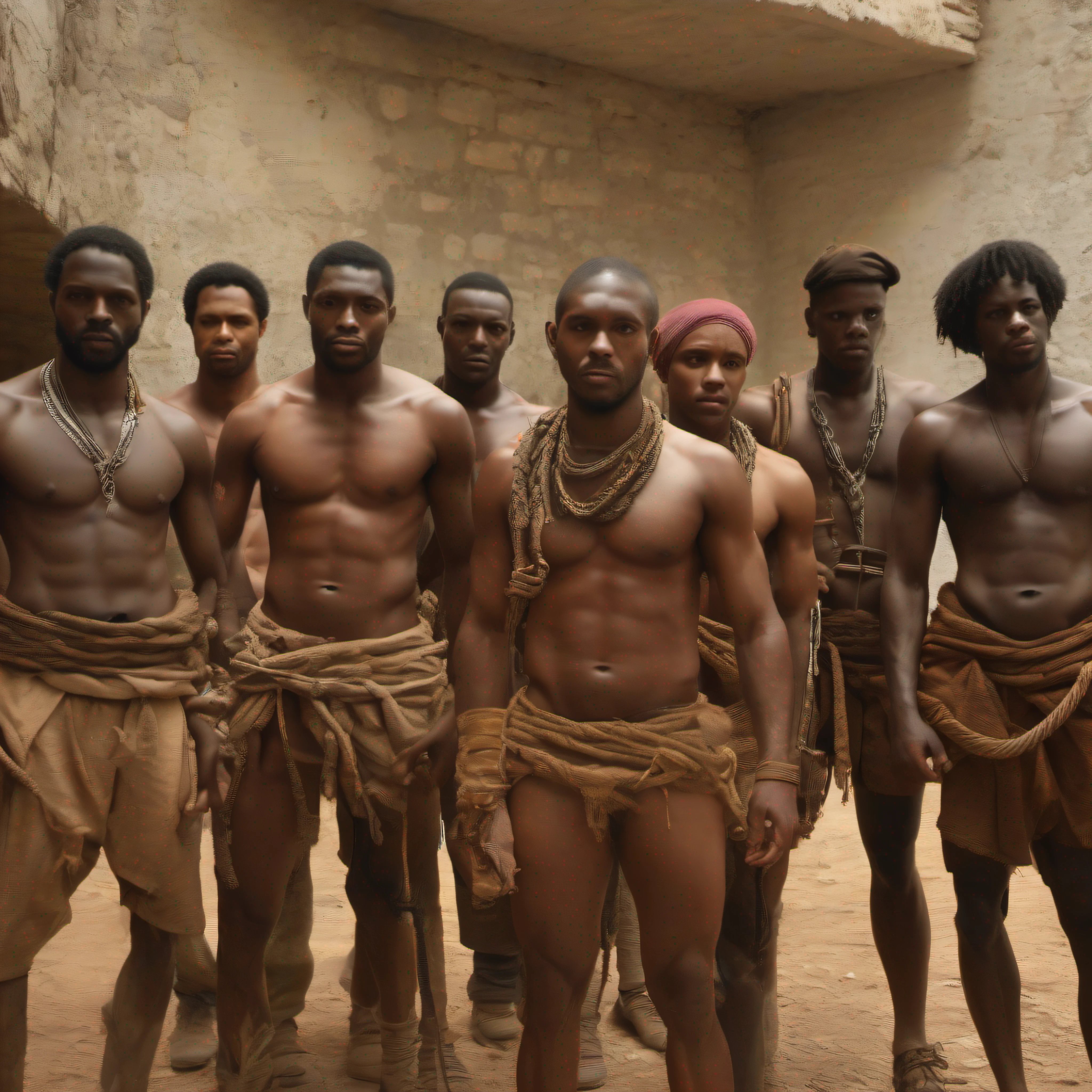 Five half-naked African slaves tied with wrought iron rope and chains, descendant un escalier, grandes souffrance, tristesse dans les yeux, corps entier nu, no clothe, pas de coiffe, cheveux noirs, Dynamic scene from the movie Amistad, looking at the 50mm camera, Realistic photo HD, Diffuse light, Rebel Republic Environment, hyper detailed, Whole size