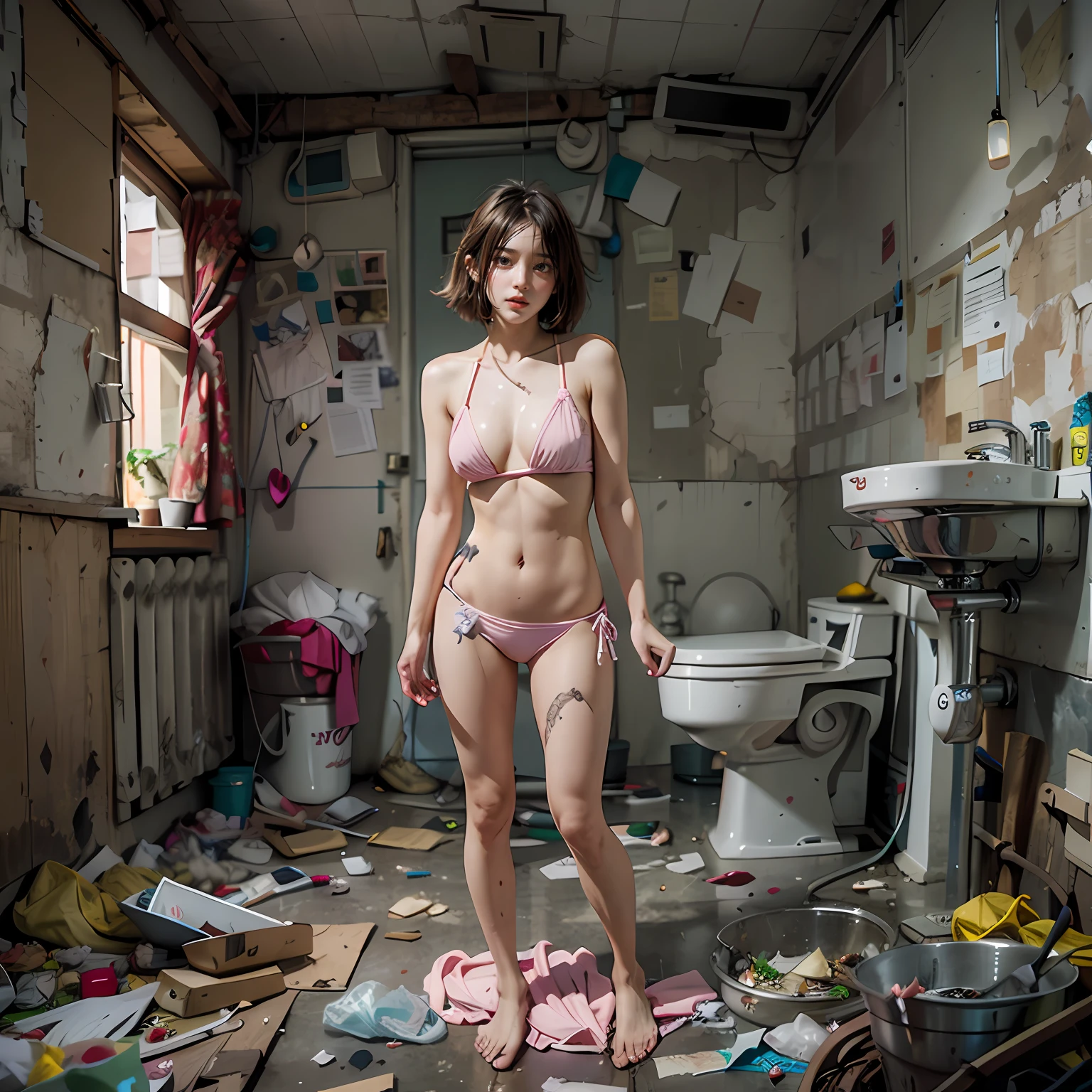 Standing in an abandoned men's toilet，legs are open，age all over the ground，grimy， urinating， junk， tmasterpiece， Best quality at best， highly  detailed，Small pink bikini，cropped shoulders，revealing the lower abdomen，revealing breaking the genitals，shtt，scruffy，AbandoBare body，of a shirtless，Masterpiece，best qualtiy，A Korean beauty，Extreme image quality
