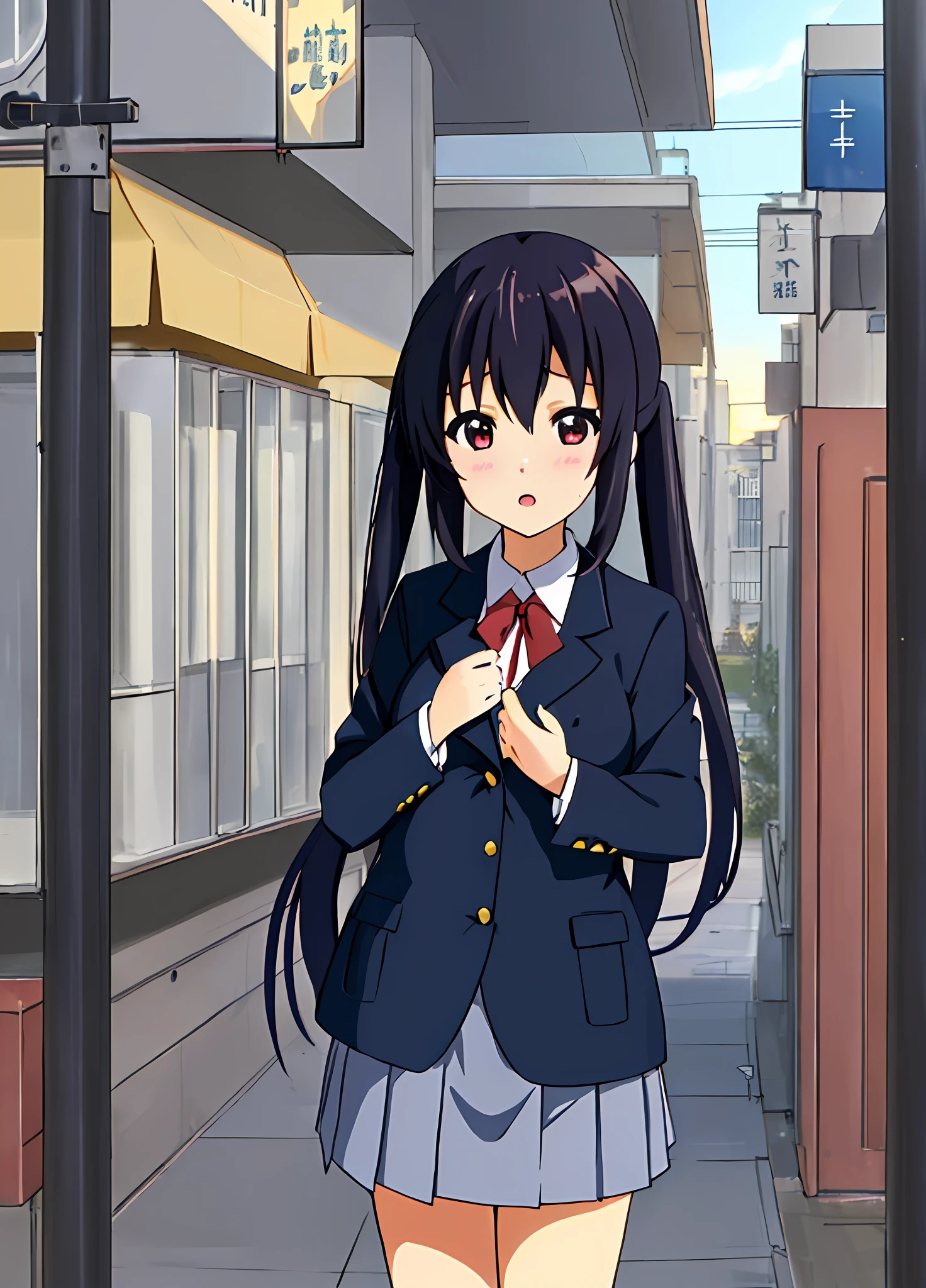 1girl, (((masterpiece))), top-quality, top-quality, High Details, nakano azusa, 1girl, Sakuragaoka High School Uniform, student clothes, Twin-tailed, length hair, A dark-haired, brown-eyed, 独奏, reddish, Dark blue blazer with thin red ribbon, Solid white buttoned shirt under blazer, illustratio, comic strip, soothing tones, Subdued Color, Soft cinematic light, adobe lightroom, photolab, HDR, intricately and hyper-detailed、(((depth of fields))))。(((masterpiece)))。(((top-quality))).)((ultra-detailliert)))。(((illustratio)))。(((takeout))).dynamic focus.((big breasts)).(((Skyscrapers))).(((A city scape))).(((Face of sadness))). open mouth.(((put hands on the hip))).(((up chest))).((evening glow)).((the setting sun)).
