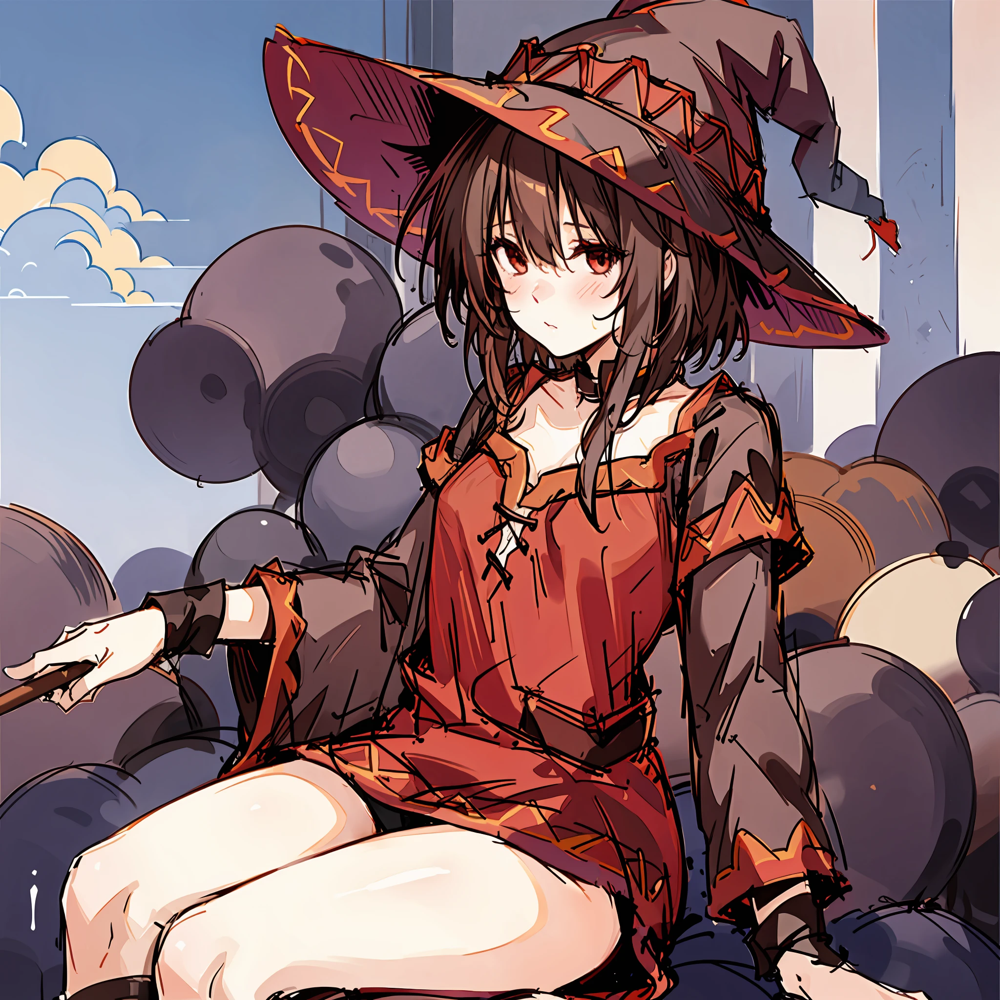 1 girl,​masterpiece,small tits,Short hair,(top-quality),sitting on,(Megumin),Big witch's hat,(high details),