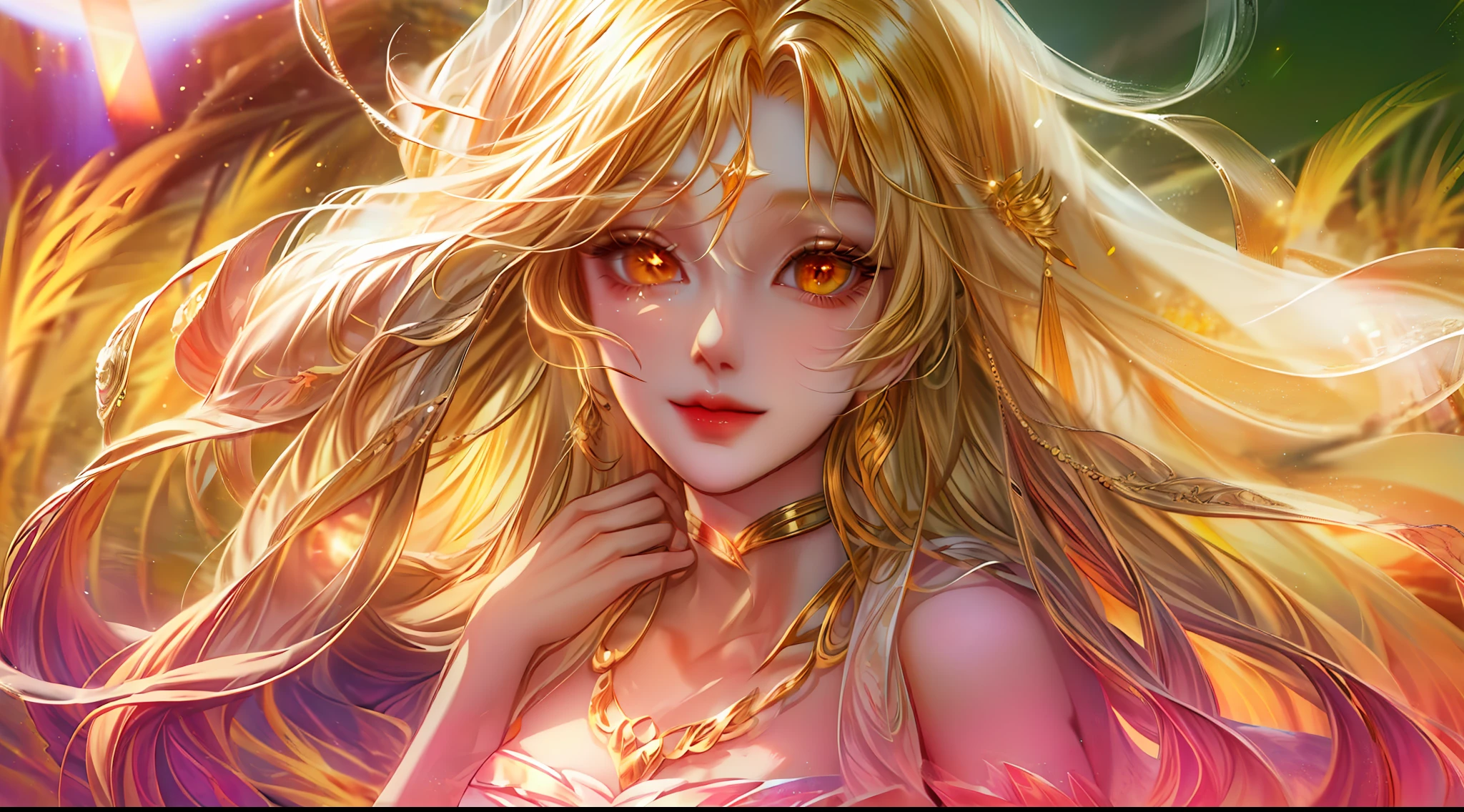 The "golden hour" is a term used in photography and cinematography to describe the time of day just after sunrise or just before sunset when the natural light is soft and warm, and the colors in the sky and on the landscape are particularly vivid and beautiful.In anime, the golden hour is often depicted through stunningly detailed and vibrant backgrounds, with the warm hues of the sun bathing the scenery in a rich, golden light. Characters might be shown basking in the glow of the sunset, their silhouettes sharply defined against the brilliant sky. The mood during the golden hour in anime is often peaceful, introspective, or romantic, as characters reflect on the beauty of the world around them.The golden hour is frequently used in anime to create a sense of wonder and awe, capturing the beauty of the natural world and inviting viewers to appreciate the fleeting moments of magic that can be found in everyday life. close POV, young anime girl wearing a beautiful dress, beautiful orange eyes sparkling, golden hour sunset, golden hour, golden hour scenery, smiling at the camera, elegant pose, looking at the viewer, fantasy art style, character portrait, drawn in medibang paint, 4k wallpaper, aesthetic, masterpiece, award-winning photography, macro photography vivid colors, photorealistic, atmospheric, cinematic, moody, rule of thirds, majestic, detailed, perfect anatomy cowboy shot, contrapposto, looking at viewer, highres, superb, 8k wallpaper, extremely detailed, intricate, unreal engine 5, volumetric lighting, realistic, realistic lighting, cinematic, 4k, cinematic lighting, 8k, depth of field, 3d, masterpiece, perfect, award-winning, hyper-detailed, photorealistic, ultra realistic, realistic light, hard lighting, intricate details, stop motion, hyperfocus, tonemapping, sharp focus, hyper detailed, detailed eyes, eyes focus, (illustration:1.1), highres, (extremely detailed CG unity 8k wallpaper:1.1), (mid shot1.25), (portrait:1.25), (solo:1.2), 1girl, (beautiful fac