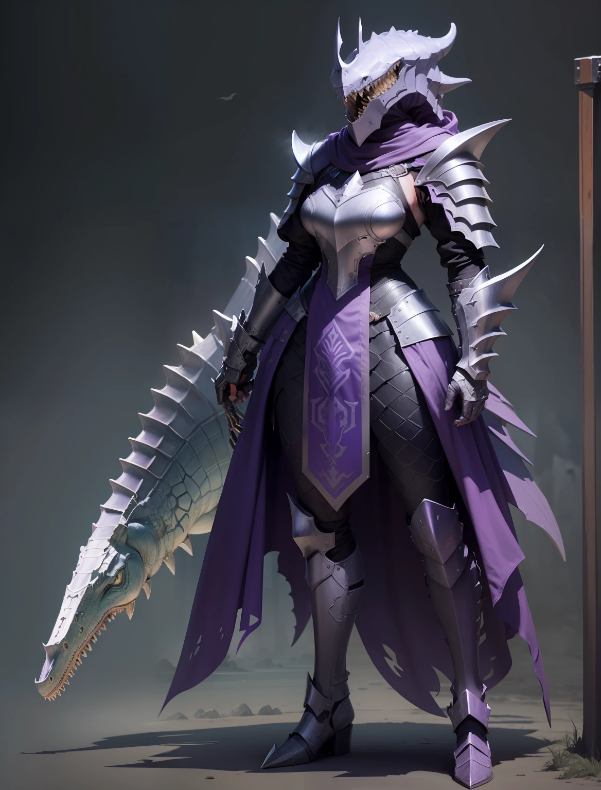 Woman in armor with aggressive design. Mosasaurus Monster. Armoured head, Hide up to the eyes. Armor with a crocodile motif on the head. Cloak around her waist. A sword with a series of teeth like a chainsaw. Her image color is purple. Full body image. Bare skin is not exposed.