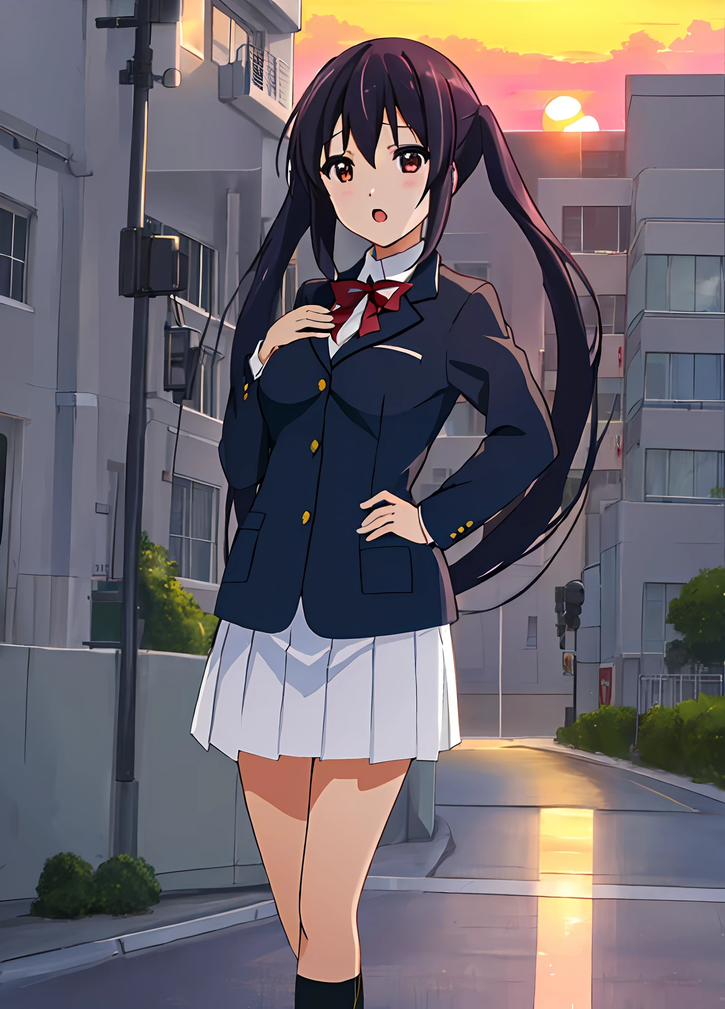 1girl, (((masterpiece))), top-quality, top-quality, High Details, nakano azusa, 1girl, Sakuragaoka High School Uniform, student clothes, Twin-tailed, length hair, A dark-haired, brown-eyed, 独奏, reddish, Dark blue blazer with thin red ribbon, Solid white buttoned shirt under blazer, illustratio, comic strip, soothing tones, Subdued Color, Soft cinematic light, adobe lightroom, photolab, HDR, intricately and hyper-detailed、(((depth of fields))))。(((masterpiece)))。(((top-quality))).)((ultra-detailliert)))。(((illustratio)))。(((takeout))).dynamic focus.((big breasts)).(((Skyscrapers))).(((A city scape))).(((Face of sadness))). open mouth.(((put hands on the hip))).(((up chest))).((evening glow)).((the setting sun)).
