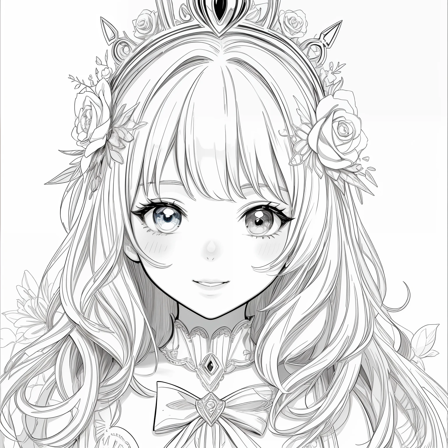 coloring book for kids illustration coloring page of cute baby American girl, no color fill,wear a princess dress, highly detailed hair, face happiness, clean line art, highly detailed, wearing the flora crown, sharp focus, illustration, beautiful eyes, free lines, character sheet, 8k, full body length, master peace, Rose and flowers background, highly detailed, art station, sharp focus, illustration, free lines, on paper, character sheet, 32k, Full body, variation, black and white, pure white background