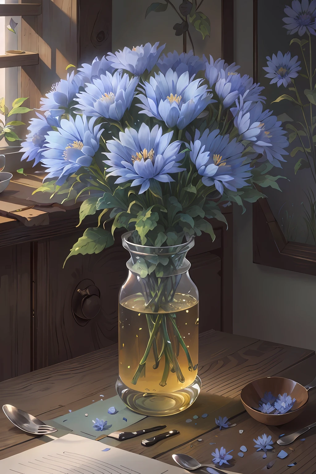 Original,(illustratio:1.1),(best qualtiy),(tmasterpiece:1.1),(the Extremely Detailed CG Unity 8K Wallpapers),(a color:1.2),Cornflower,Cornflower petals,scenecy,rios|Wagas,