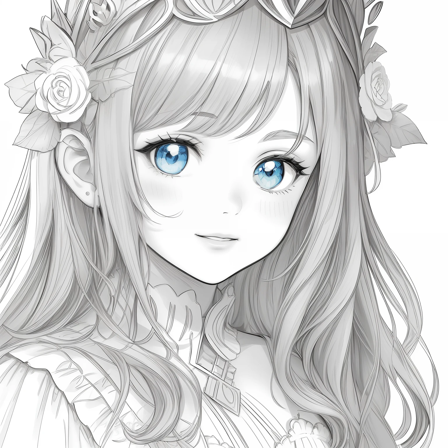 coloring book for kids illustration coloring page of cute baby American girl, no color fill,wear a princess dress, highly detailed hair, face happiness, clean line art, highly detailed, wearing the flora crown, sharp focus, illustration, beautiful eyes, free lines, character sheet, 8k, full body length, master peace, Rose and flowers background, highly detailed, art station, sharp focus, illustration, free lines, on paper, character sheet, 32k, Full body, variation, black and white, pure white background
