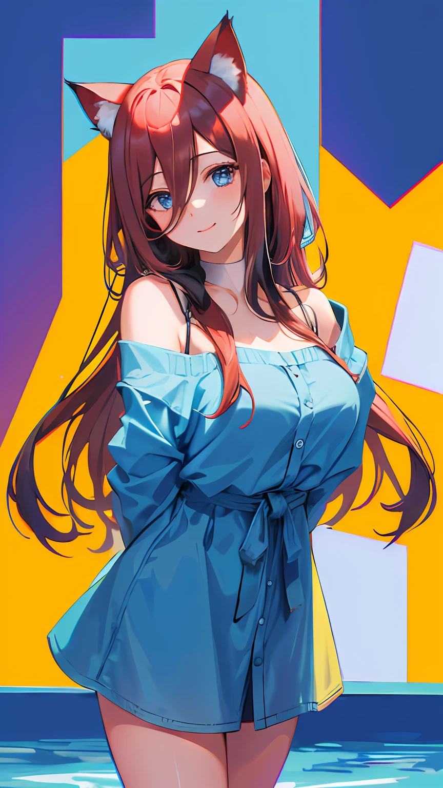 (masterpiece, best quality), ((1girl, (mature female) long hair), (cat ears)), (arms behind back, looking at viewer, light smile, off shoulder, cowboy shot), (chromatic aberration),