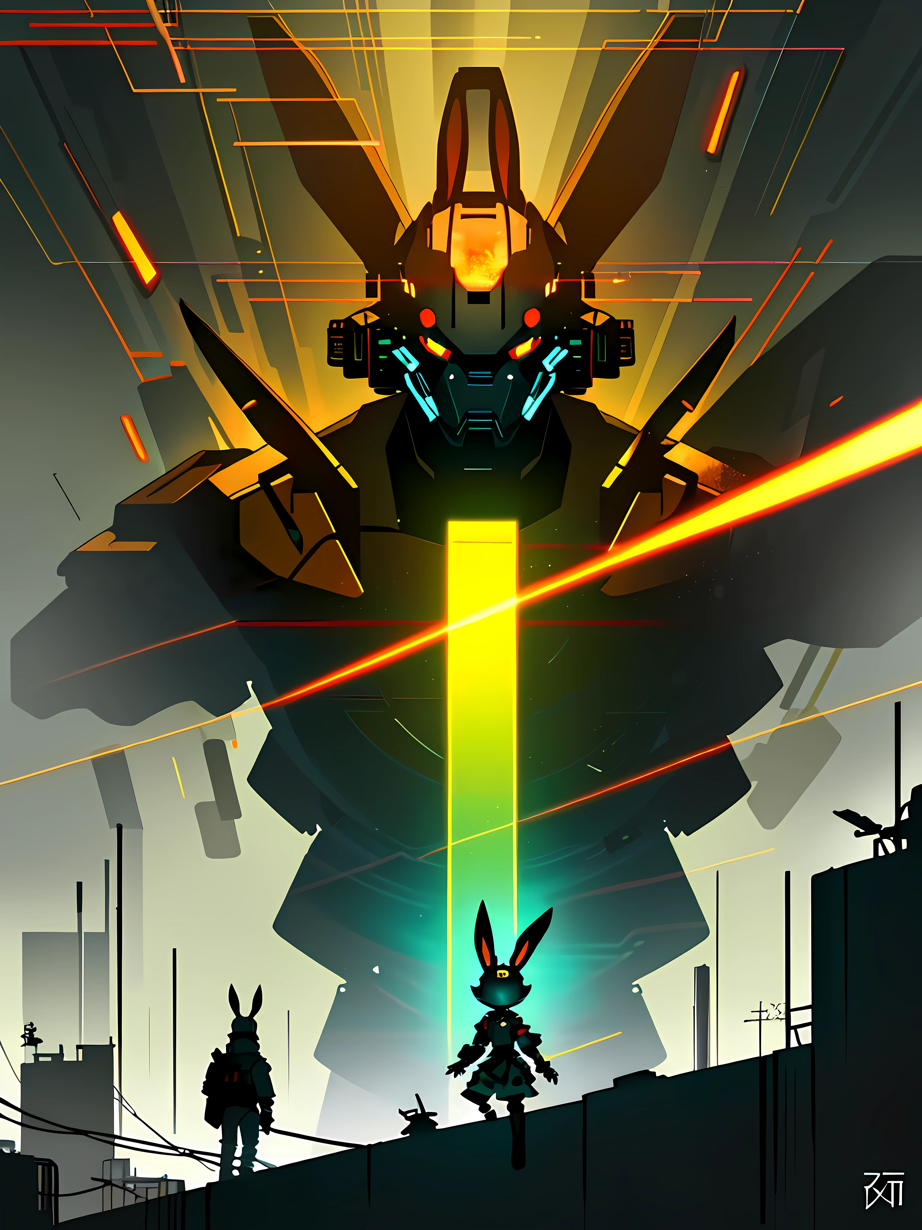 (blame! style abandoned tech landscape), (Zen, Amy Sol style), (underground, dark, foggy, perilous, abandoned dystopian apartment bedroom, deep windows), (anthro rabbit figure in heavy wired mecha armor, wearing bunny ears), cover art with light abstraction, abstract, simple vector art, contemporary Cybernetic art, color gradients, soft color palettes, layered forms, whimsical animation, style Ethereal abstract, 4K, --v6