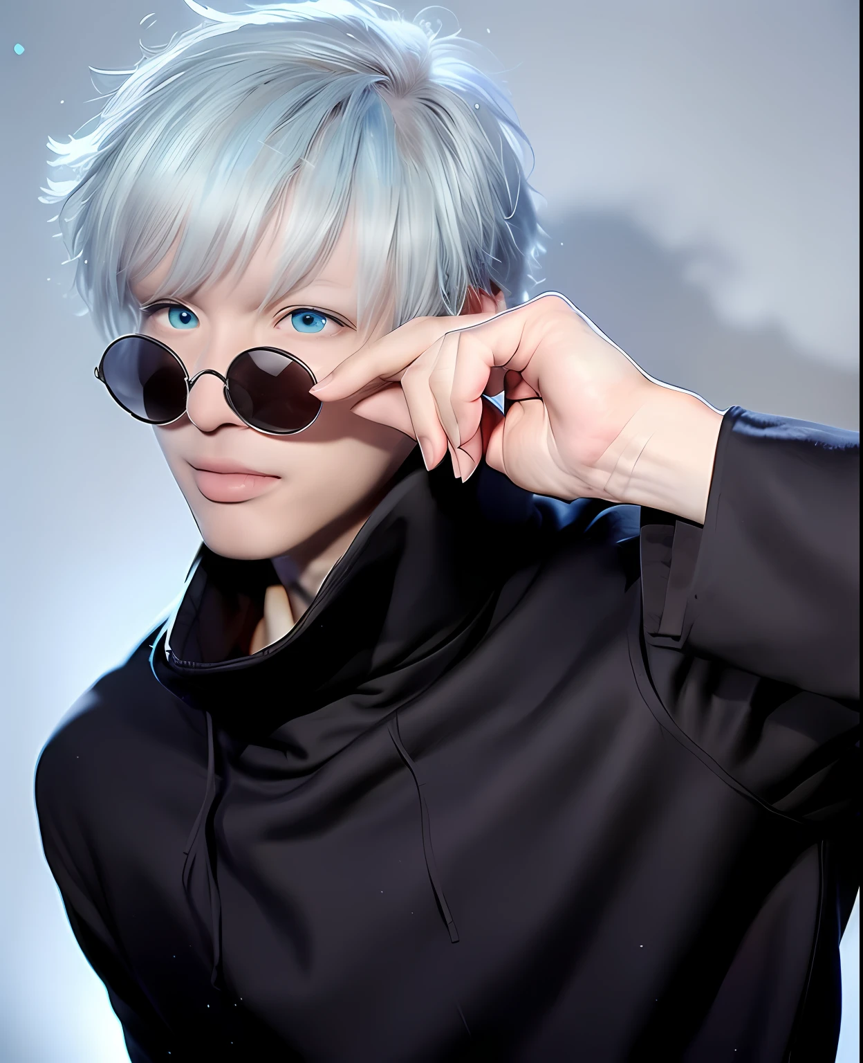 ((High detail、Cinematic lighting))、Messy white hair、((((((Aquamarine eyes)))))、White lashes、god rays、Ray tracing、drop shadow、optical illusion、Haut du corps、Looking at the camera、Masterpiece、((Super Detail、Best Quality、8K))、Jujutsu Kaisen、Gojo Gojo、Black attire、Surgical unfolding、Perfect jet black background、serene look、powerful being、Mystical atmosphere、(Strange moonlight、ominous shadows、 Intense blue aura、 Intense red aura、Symbol of the power that surrounds him、Radiating magical energy、Mystical artifacts、Ether particles、dinamic pose、Epic soundtrack、(((Detailed hand)))、sunglass