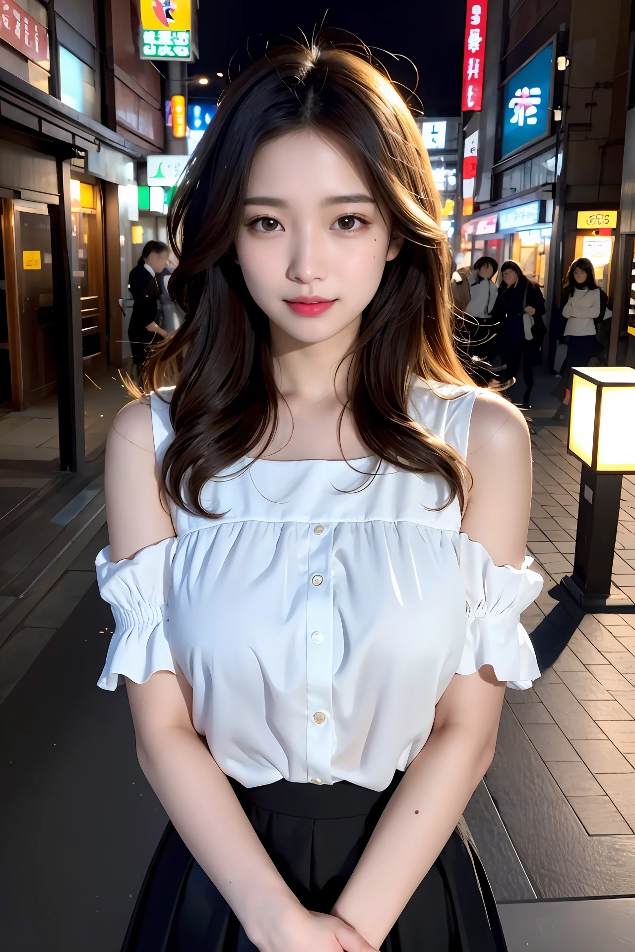 (skin blemish:1.2), (skindentation), black eye, 1woman, 25yo, (((woman))), solo, realistic, best quality, photorealistic, masterpiece, 8k, high res, solo, extremely detailed face, (professional lighting, bokeh), (light particles, lens flare, glowing particles:0.6), (dynamic pose:1.2), soft lighting, top angle view, fashionable and trendy atmosphere, japan, street, tokyo, city, ((daytime)), sky, ((looking at the viewer:1)), (looking at the camera),(portrait:0.6), cowboy shot, gorgeous, standing, keep original facial proportion, wide shoulder, full body, (small breast), (medium hair), brown hair, floating hair, lips, lipstick, seductive smile, floating hair, smile, open_mouth, teeth, (sleeves less white blouse), (jumper skirt), eyelashes, mole, (mole under eye:1),