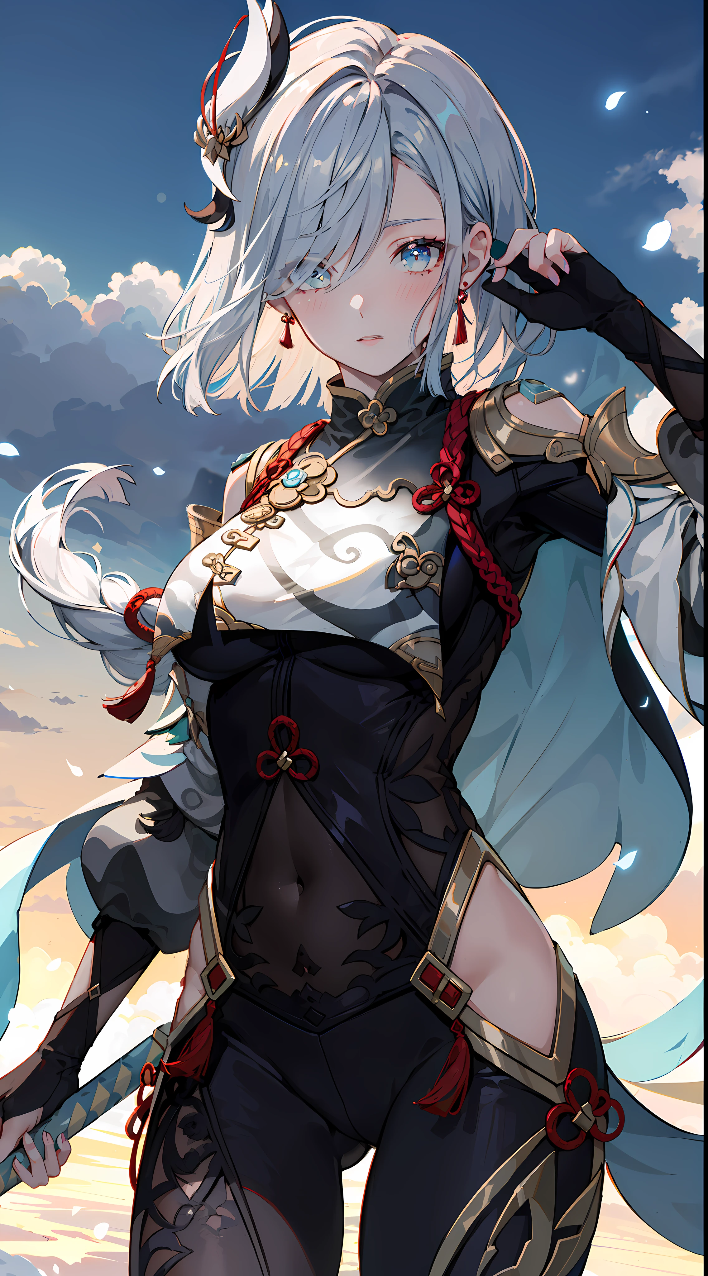 shenhedef, upper body, seductive look, blush, outdoors, snowflake scenery, looking at viewer, cloudy, moody lighting, (perfect detail eyes:1.2), glowing eyes, (long hair one braid:1.2), elemental skill effect, (Masterpiece, Best Quality, High Quality:1.4), professional artwork, Intricate Details, field of view, sharp focus, detailed painting, photorealistic lighting, trending on pixiv, (vivid lighting, vibrant colors:1.05), realistic shadows, ambient occlusion, (athletic body:1.3), mature woman, 30yo,