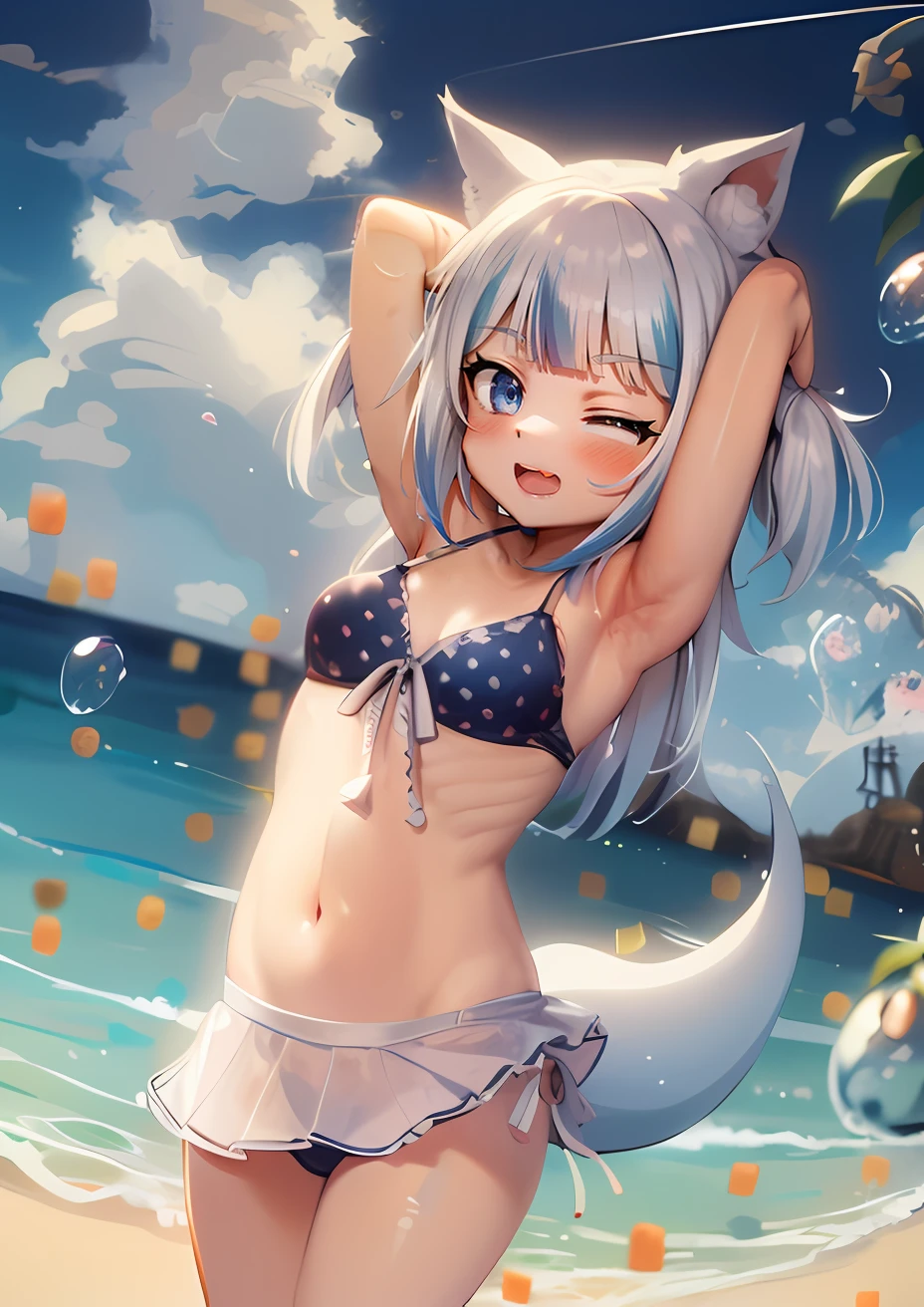 Make a work of art by vtuber gura gawr, wearing a micro bikini, na praia, umbigo de fora, barriga de fora, Raising your arms back, coxas sensuais, seios pequenos.