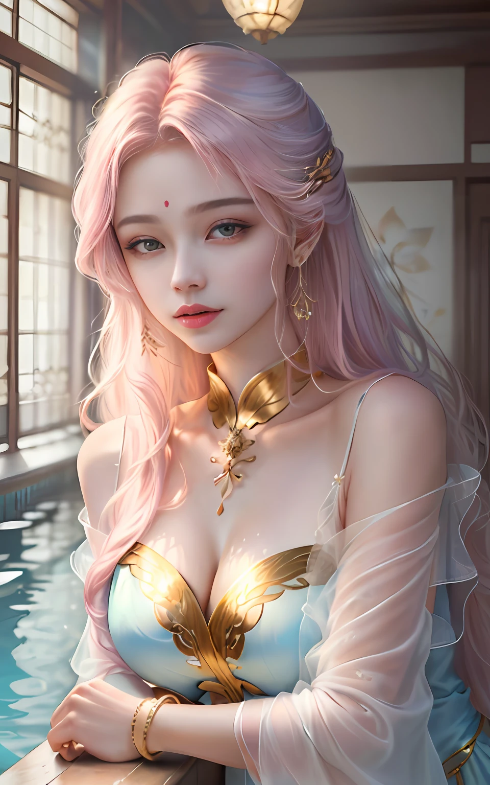 A Buddhist Bodhisattva Girl, (Masterpiece, Top Quality, Best Quality, Official Art), (KPOP idol), (Super Long Hair, Messy Long Flowing Hair, Light Pink Long Hair), Delicate Jewelry, Delicate Bracelet, Delicate Hair Ornament, High Feeling, Aperture in the Back, Fairy Fluttering, Looking Up View, Barefoot, Golden Bracelet on Ankle, Ancient Chinese Costumes, (Conservative Clothes), (Gorgeous Silk, Flowing Tulle, Flying Silk Around), dazzling background, Golden aperture on the back, gold Falun on the back, best light, best shadow, movie lighting, mystery, background pure black with ring aperture, ultra HD, 8k, fair skin, Wolp_style, duhuang_style, upper body close-up, detailed face, (sideways: 1.5), 28 years old, 1girl, well-dressed, super long clothes, one leg on the ground, left hand to do Buddha hand on chest, the other raised above the head to do bergamot, surrealism, photo, realistic,{(Surfacing from the clear pool,(Splashes around the body: 2.0), Splashes, Water ripples)}, (Wet clothes: 1.5) (Wet body: 3.0), (Wet hair: 1.5)}, Mid-chest, 48KG weight, smooth skin, light blue pupils, detailed eye painting, (Super white skin, supple skin), (Face focus, bending over to look at the camera, snap), light hitting the face