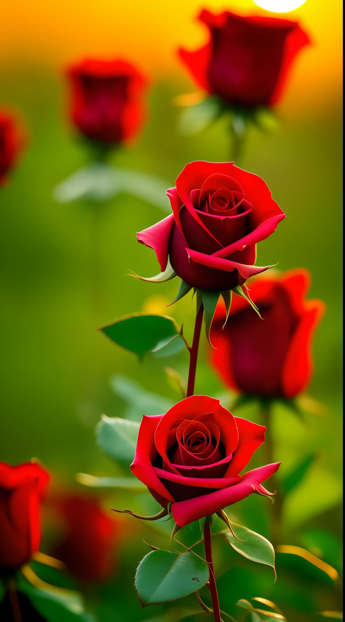 Beautiful red rose plant, closeup of the rose and buds,blur green background, sunset time, realistic, ultra hd