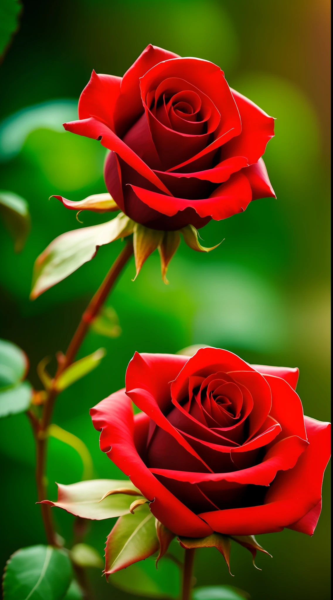 Beautiful red rose plant, closeup of the rose and buds,blur green background, sunset time, realistic, ultra hd