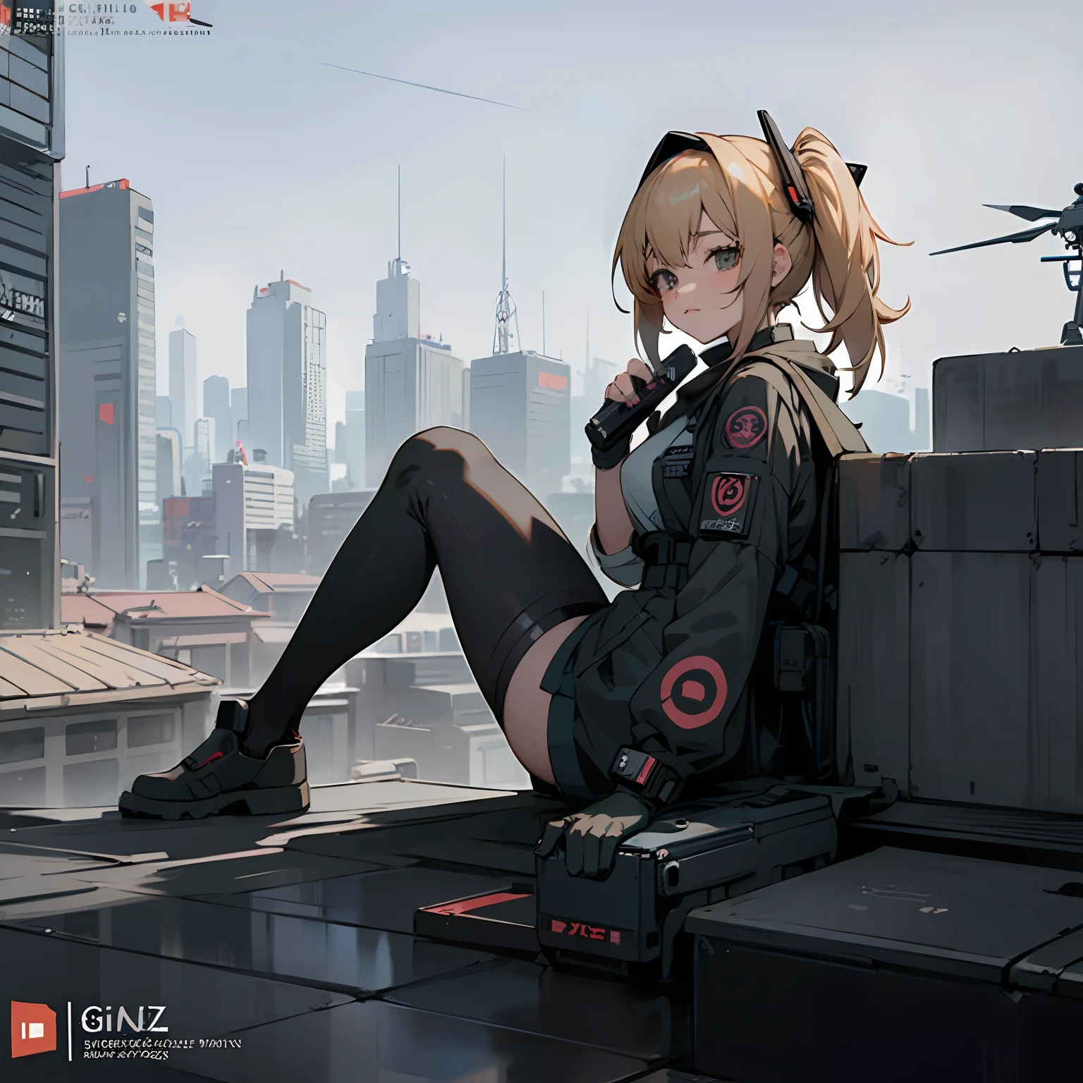 Anime girl sitting on rooftop,With a camera and a drone, Digital cyberpunk anime art, mechanized soldier girl, resting after a hard mission, Guviz-style artwork, digitl cyberpunk - anime art, E-Girl, e - girl, style of anime4 K, cyberpunk anime girl, Best anime 4k konachan wallpaper, Digital anime illustration
