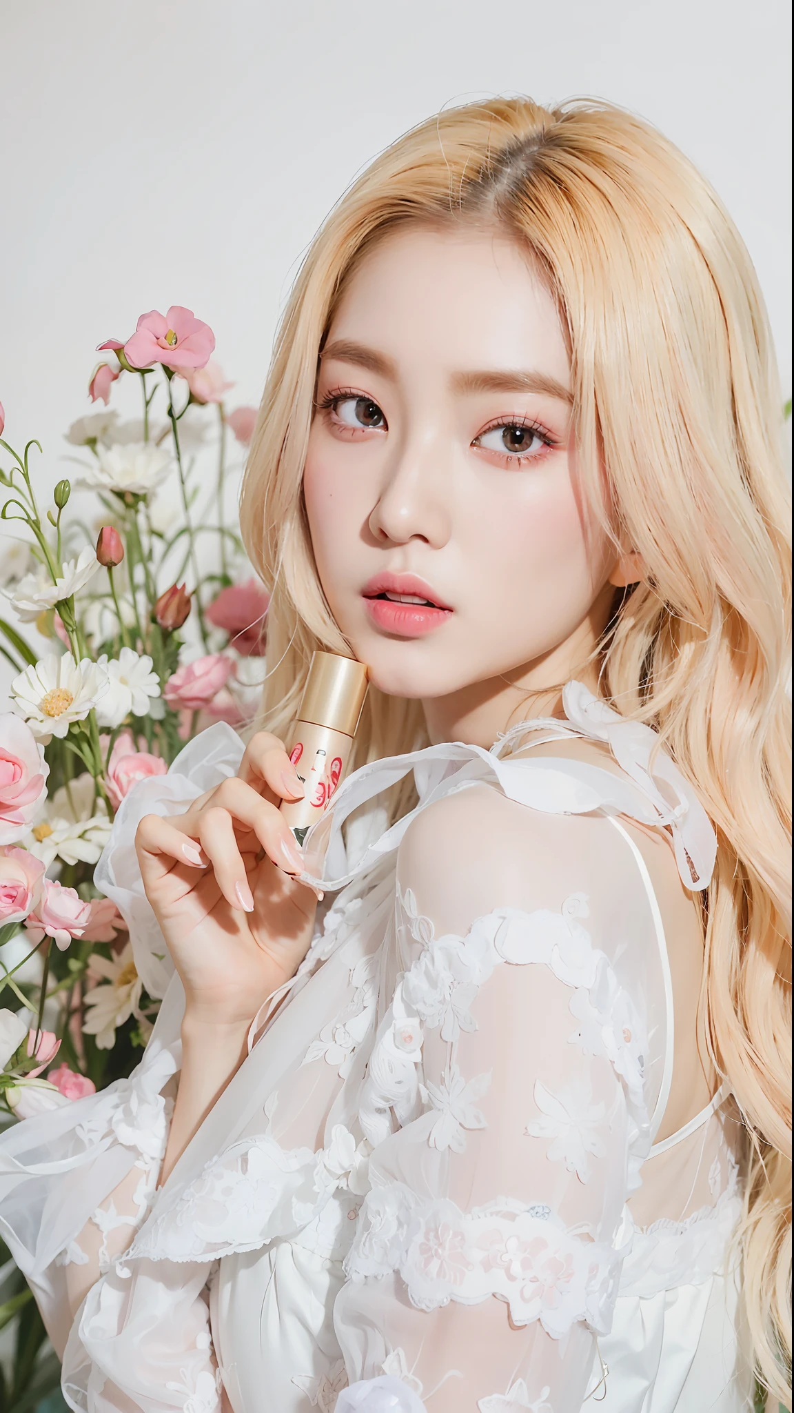 Woman with long blonde hair holding lip balm, popular korean makeup, Popular Korean makeup, haruhi, portrait of jossi of blackpink, Shin Jinying, with bloom ethereal effects, roseanne park of blackpink, glossy from rain, jia, jossi of blackpink, Milky white skin, full bloom, beauty campaign, Poppy, ulzzangs, ji-min