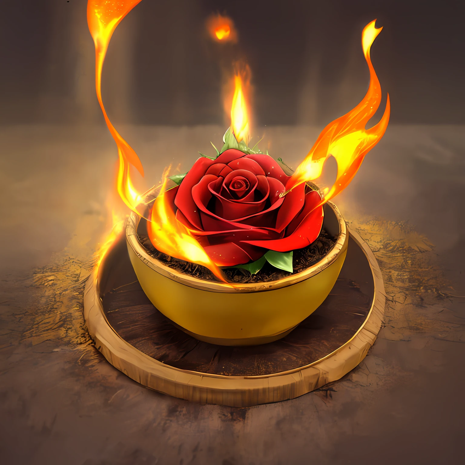 Beautiful red rose plant, focus on the rose,fire flames in background, realistic, ultra hd