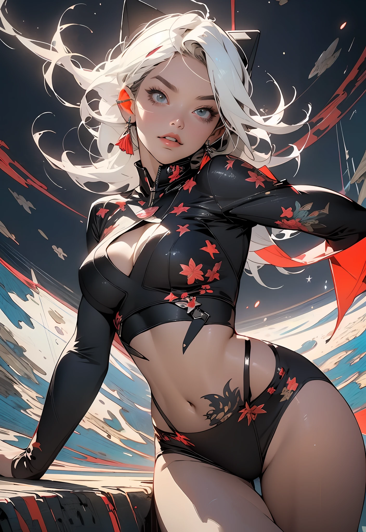 ((Melhor qualidade)), ((obra-prima)), (detalhado: 1.4), (Absurdo), Woman body set bare thighs parts of the covered by technological clothing, ((seios grandes)) perfeitos, decote generoso, pastel, cabelo moicano branco com mechas, vermelho, short underwear, cinta liga, por mucha, niji, close to the real, melhor qualidade, quase nua, psicopata, cara de louca, Action Pose, harlequina, cat eyes, noite estrelada, clothing imitating plane P40, Shark mouth of the P40 plane of the second war, dragon tattoos on the arms, Dark blue bra with white stars, estrelas cobrindo os seios, HDR (High Dynamic Range),Ray Tracing,NVIDIA RTX,Super-Resolution,Unreal 5,Subsurface dispersão, Textura PBR, Post-processing, anisotropic filtering, Profundidade de campo, Maximum clarity and sharpness, Texturas multicamada, Albedo e mapas especulares, surface shading, Accurate simulation of light-material interaction, perfectly proportions, Octane Render, Two-tone lighting, Ampla abertura, Baixo ISO, white-balance, thirds rule, 8K RAW