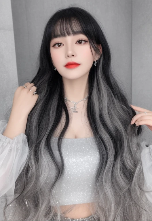 Close-up of a woman with long black hair and a white shirt, Dark gray hair, Gray color, with dark grey hair, with curly black and silver hair, light gray long hair, sliver long hair, Flowing silver hair, Asian girl with long hair, vibrant dark wavy hair, Salt and pepper hair, Long hair with bangs, cloudy grey hair，Black hair mixed with silver-gray hair，A haughty expression，Beautiful asian woman silver necklace，Silver earrings
