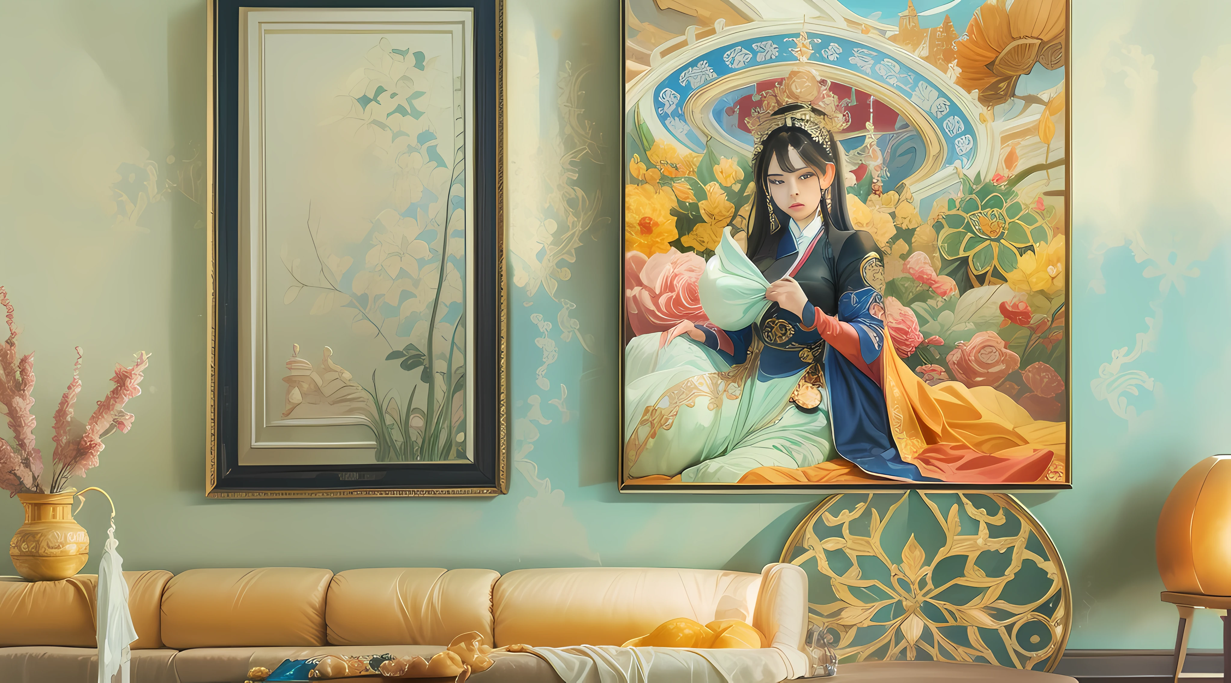 ((high-definition picture quality+Fine artwork paintings):1.5+Magnificent), Resplendent, A picture to be proud of, Majestic, Mu Xiao outlined on the smart light screen, Light and shadow interlace, Detailed and realistic depiction, Seamless, elegant and ornate, The picture is vibrant, brilliant colorful