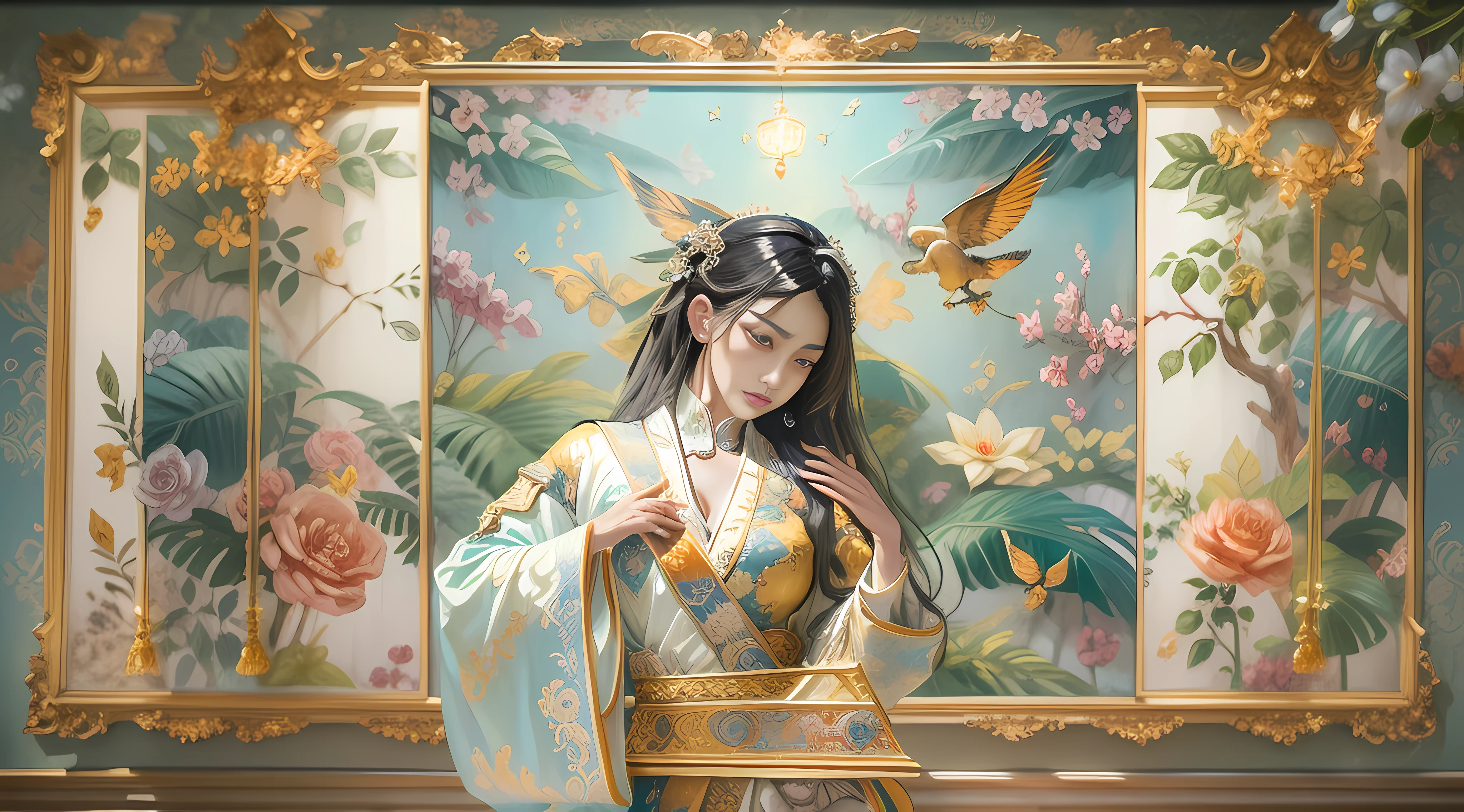 ((high-definition picture quality+Fine artwork paintings):1.5+Magnificent), Resplendent, A picture to be proud of, Majestic, Mu Xiao outlined on the smart light screen, Light and shadow interlace, Detailed and realistic depiction, Seamless, elegant and ornate, The picture is vibrant, brilliant colorful