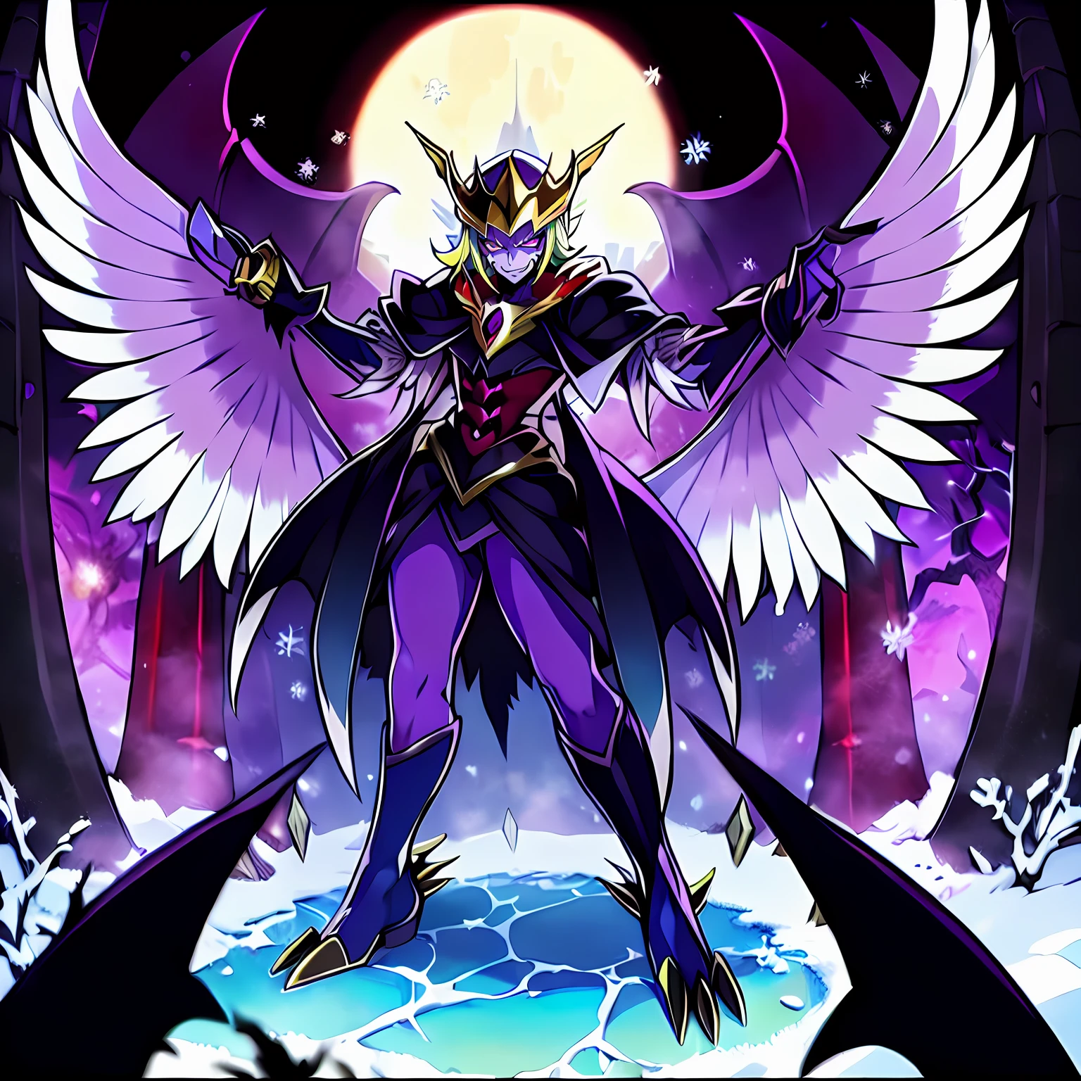 digimon \(creature\),masterpiece, best quality, Beautiful Art Style, 1boy, Solo,young man, ((Vil Schoenheit as a Digimon)), ((Evil queen from Snow White themed )),((Glass Wings)), ((Bird like)),((Purple Skin)),(( Blonde hair with a purple gradient))((White , Purple and Light blue color scheme)), Dynamic pose, Mid transformation sequence , pose(pain , Anguish), ((Evil))