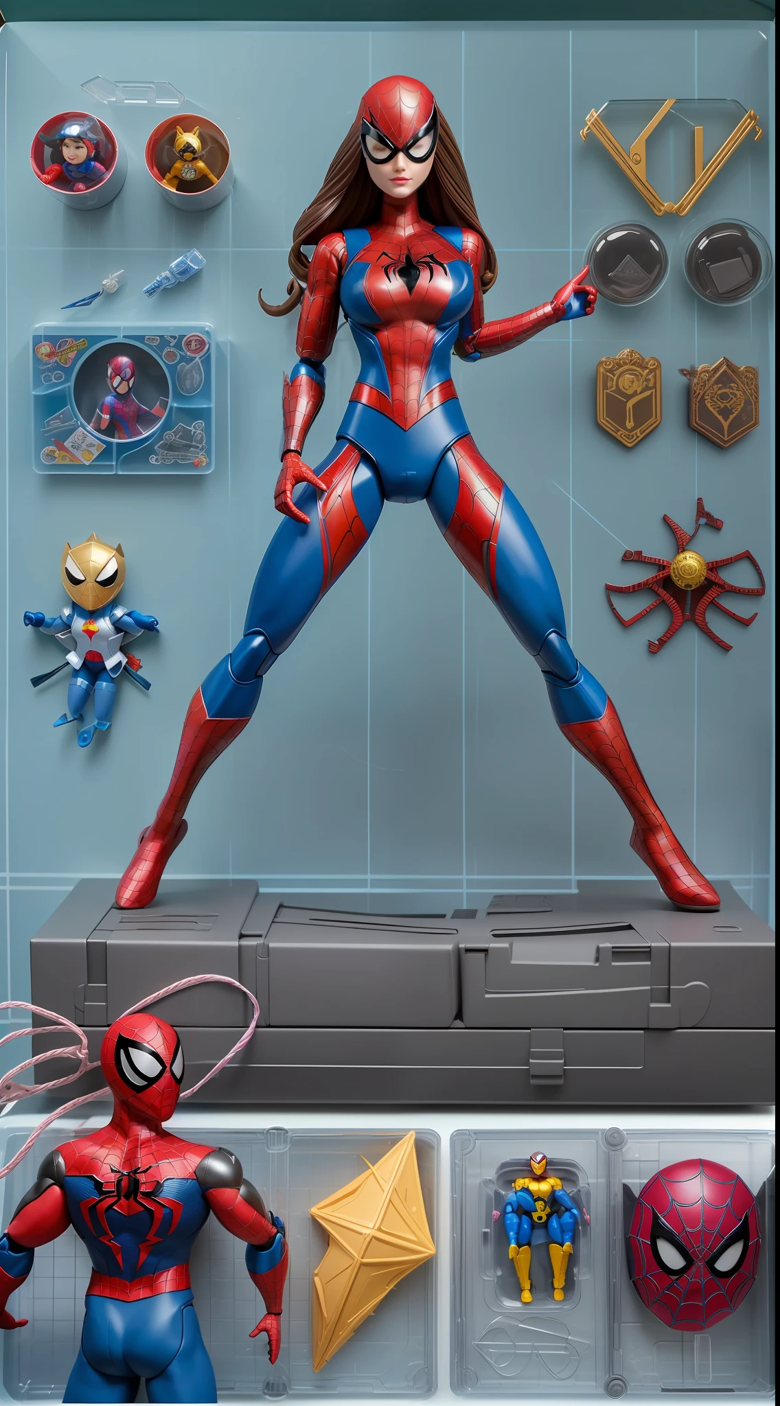 Spiderman, premium playset toy box, (masterpiece, best quality, ultra detailed, absurdres), (diorama:1.2), action figure box,
(inboxDollPlaySetQuiron style), the superheoine psylocke, (toy playset pack),