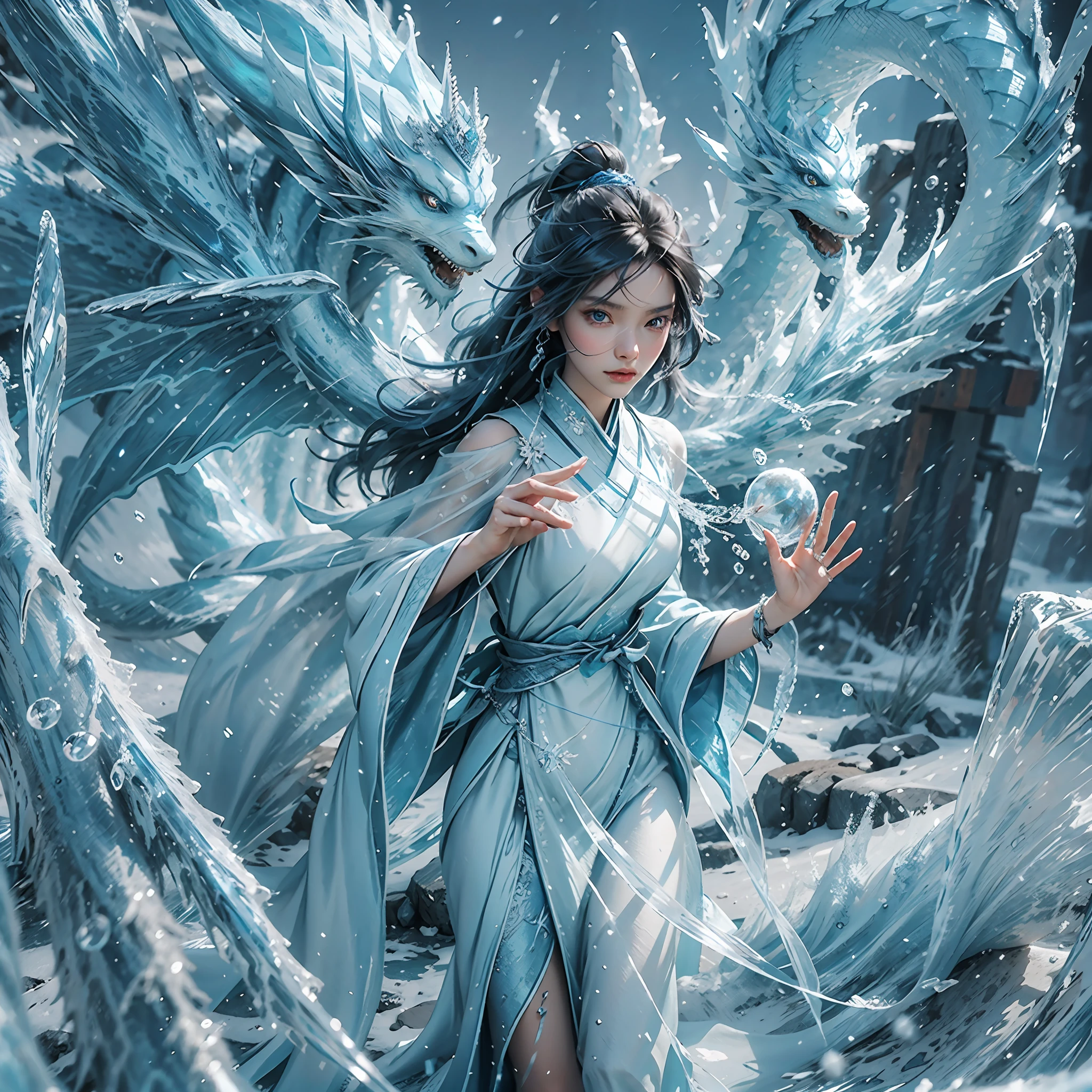 (((1girll))),Imperial water,A magician,(Loose dress:1.5),(Perfect facial features:1.4),(Blue silk robe),(Mysterious magic formations:1.2),((ice Dragon)),(Ice crystal scales),Blue glow,(Frost wings),Powerful ice magic,Icicles,Towering over the landscape,Blue light cold light,Ice storms,Wind,Flying snow ice and snow,Amazing results,,best qualityer,tmasterpiece,超高分辨率,finely detailled,Complicated details,8K分辨率,8KUCG wallpaper,hdr,water blue,Magic Array,Cinematic lighting effects,lightand shade contrast,Ray traching、NVIDIA RTX
