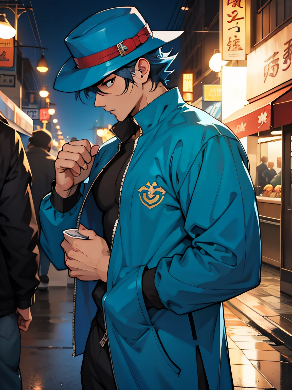 Anime men,short detailed hair,wearing hat,Wearing a blue Tang costume,nigth,ferocious,