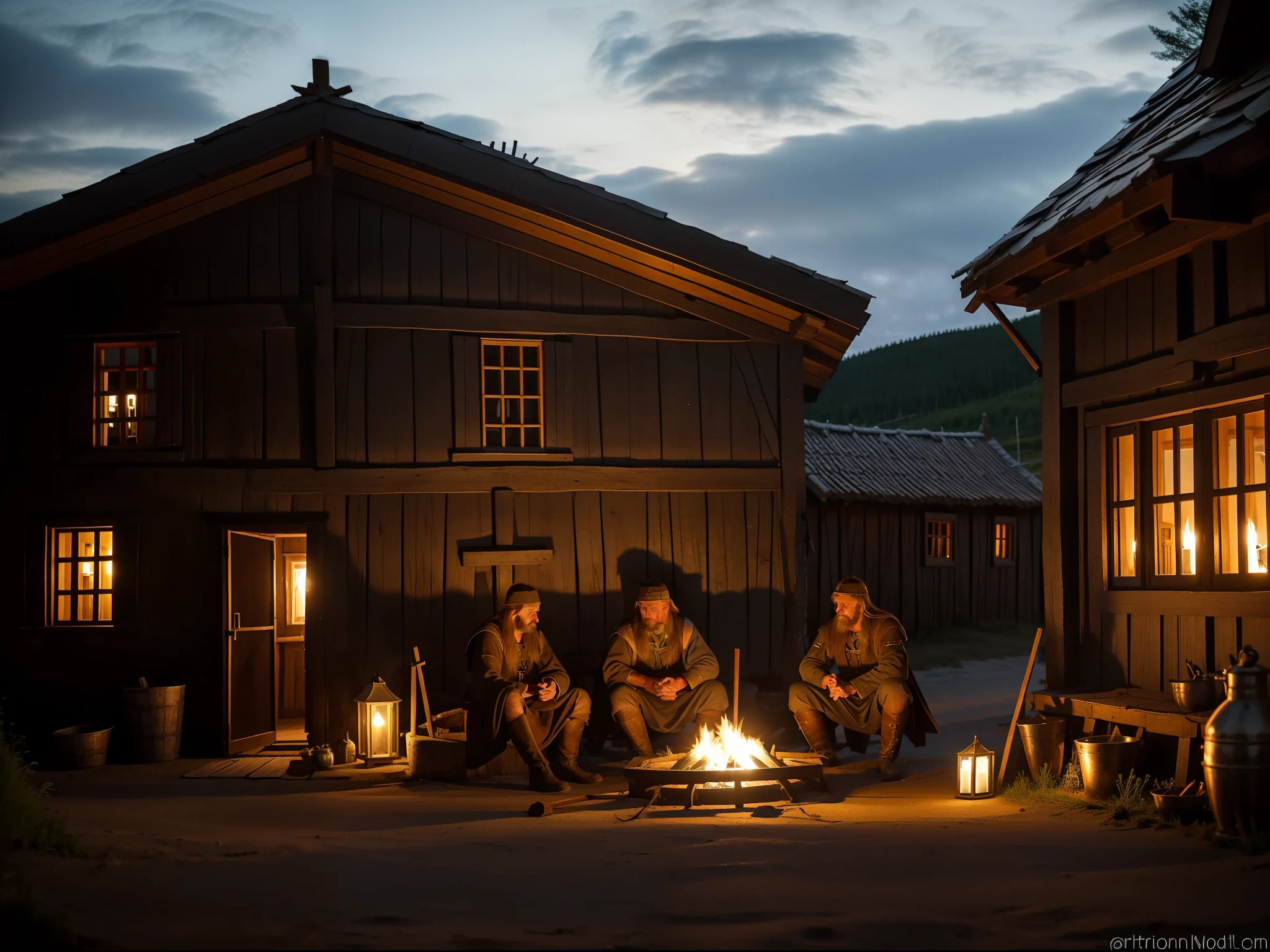 Medieval Norse people in their medieval village without electricity and glass windows on Sakhalin Island in summer