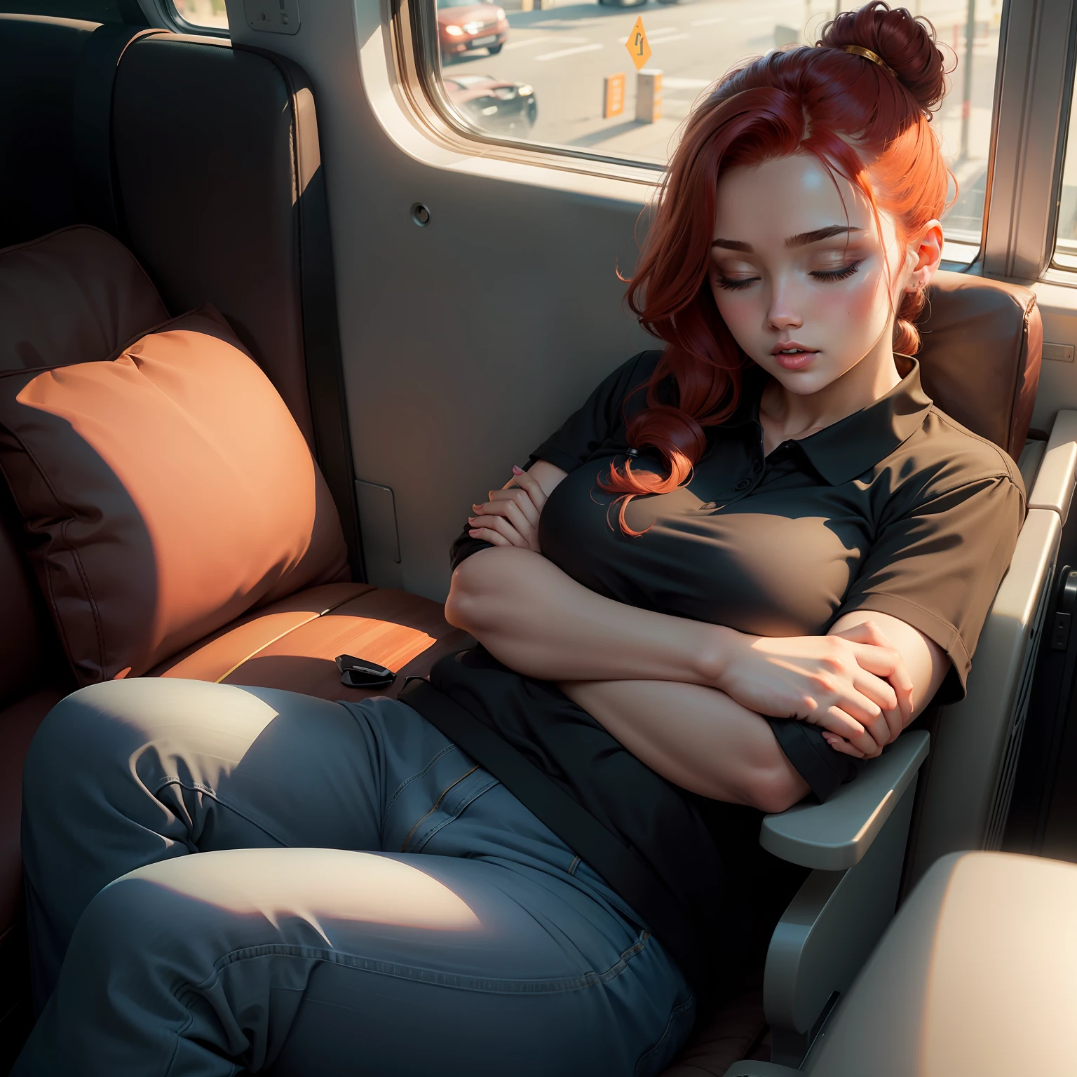 1 beautiful woman, sleeping with her mouth open, lips open, sleeping sitting on the bus seat, red hair, all hair tied up with a hair clip in a single bun, black long-sleeved polo shirt with little gold circles on the shoulders, wide neckline polo shirt, blue bag, curvy woman; chubby woman, outlined eyes, blue jeans, eyes closed, head resting on the seat, sitting near the window