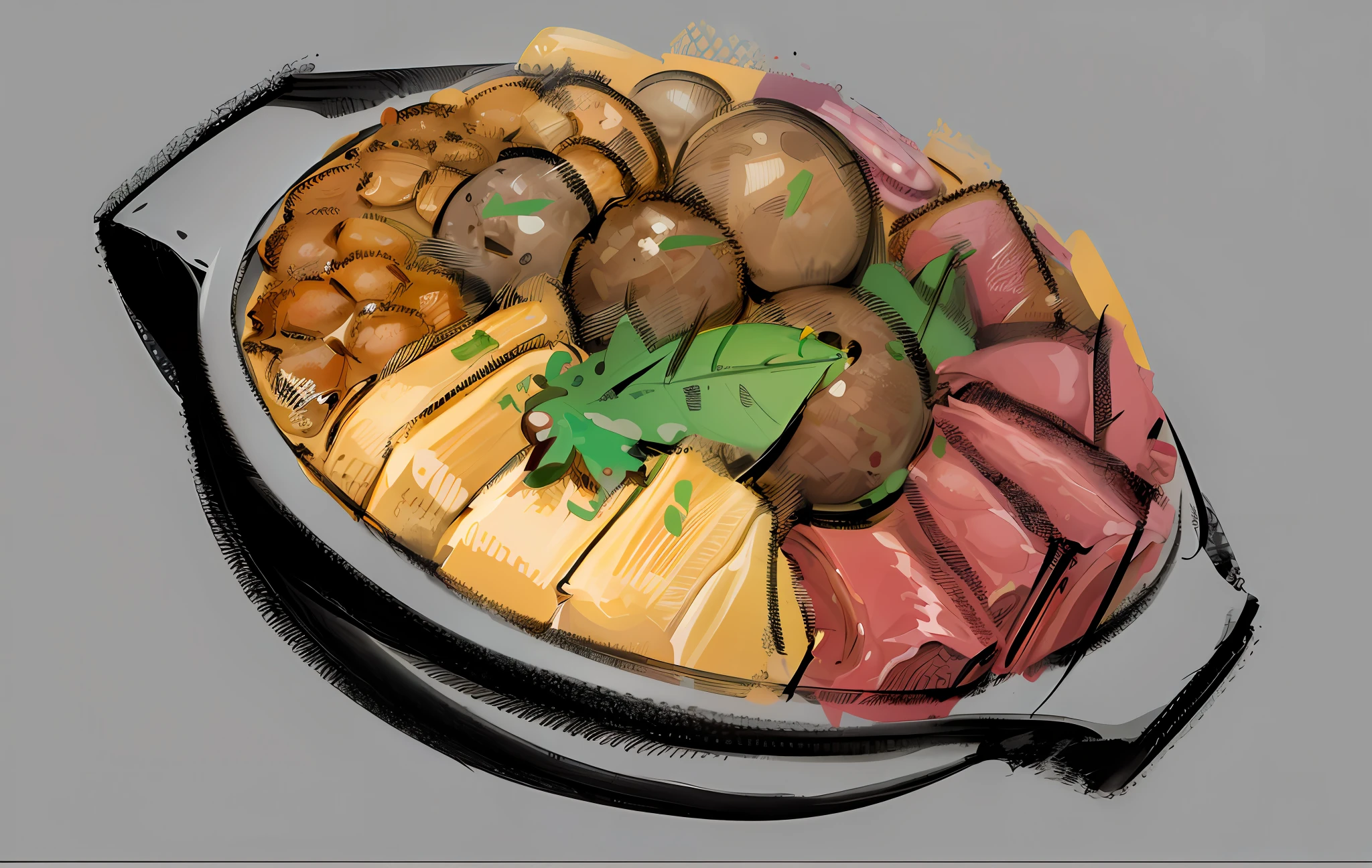 Beef chowder,Amazing food illustration, drawn with photoshop, expressive digital painting,Thick and dashed lines,Bright colors,Beef meatballs,Beef cuts,tripe,A plant,lunchmeat,The charcoal lines are very graphic,The black lines are very graphic,A combination of brush and color,Very special