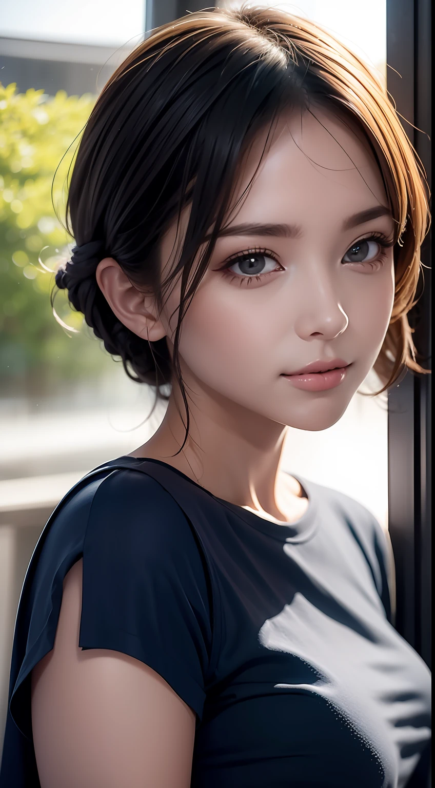 dress， （photograph realistic：1.4）， （Ultra photo realsisim：1.4）， （realisticlying：1.3），
（Smoother lighting：1.05）， （increase cinematic lighting quality：0.9）， 32K，
1girll，20岁女孩，realistic illumination，The light from the back window is backlighted，light in face，Ray traching，（Brighten light：1.2），（enchanced quality：1.4），
（Best quality real textured skin：1.4），Fine Detailed Eyes，finerly detailed face，finely quality eyes，
（fatigue, lethargy, Satisfaction：0.0），(in a panoramic view)，tee shirt，
（Increased Body Line Mood：1.1），（Increases skin texture and beauty：1.1）