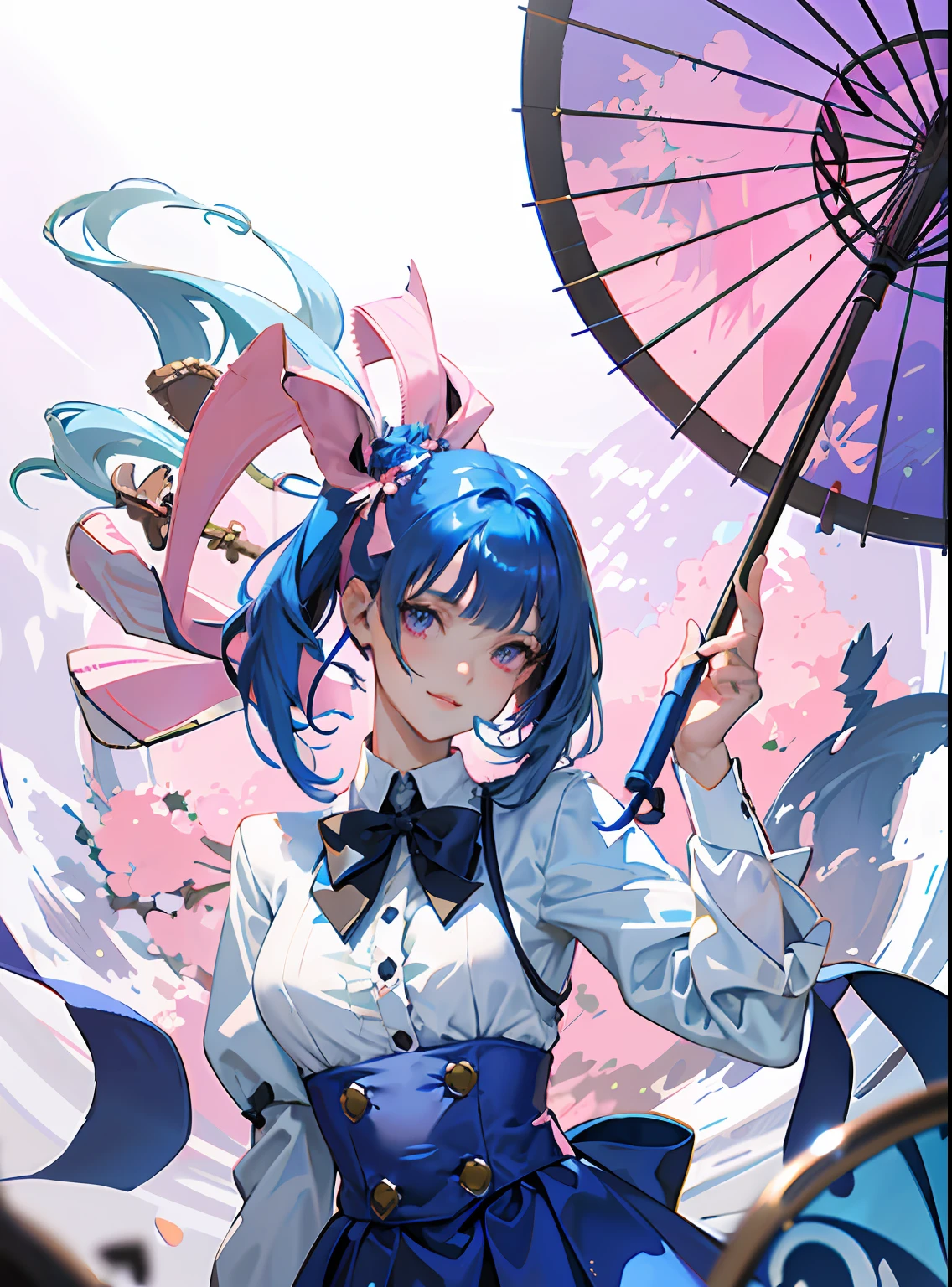 （Detailed beautiful eyes and detailed face，Masterpiece side light，tmasterpiece，best qualtiy，A detailed，high-resolution illustrations），（1 girl，a beauty girl，shiny skins），（sky-bluehair，a pink eyes，a skirt，ribbon，Buttons - shirts）（Toothy smile），（Holding an umbrella）