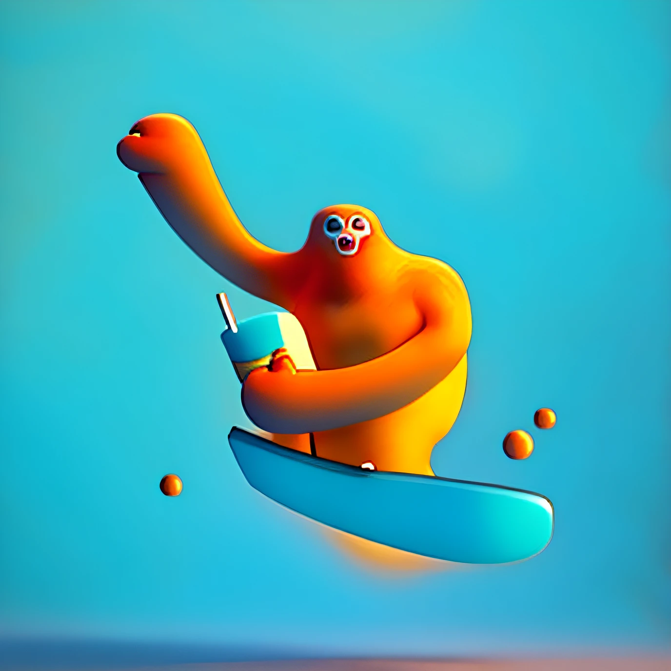 Funny long-armed monkey mascot character，Skateboard with coffee in his left hand，The long-armed monkey mascot is orange all over，Non-human characters，