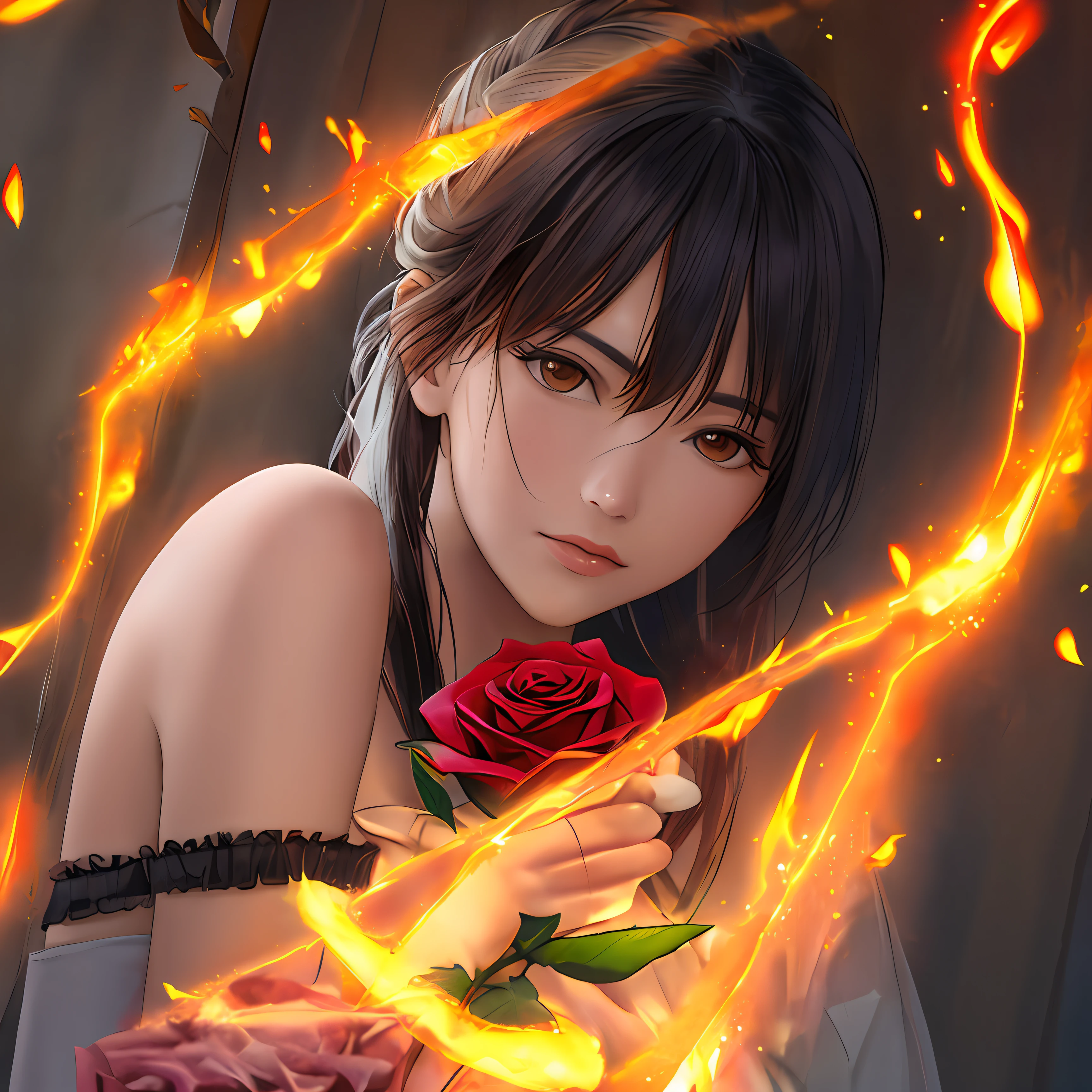 Beautiful red rose plant, focus on the rose,fire flames in background, realistic, ultra hd